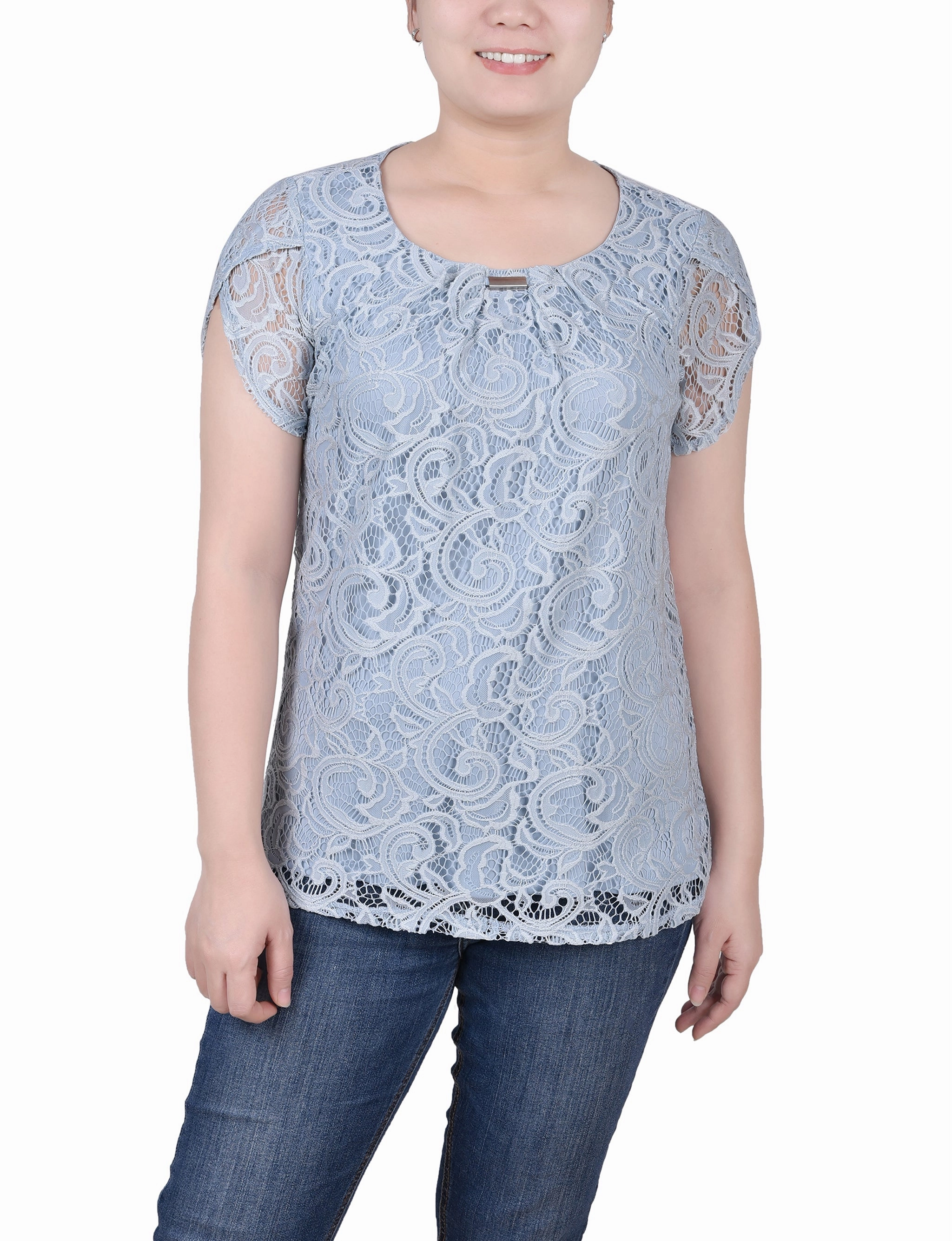 Hybrid Fabric Blend Petite Lace Petal Sleeve Top