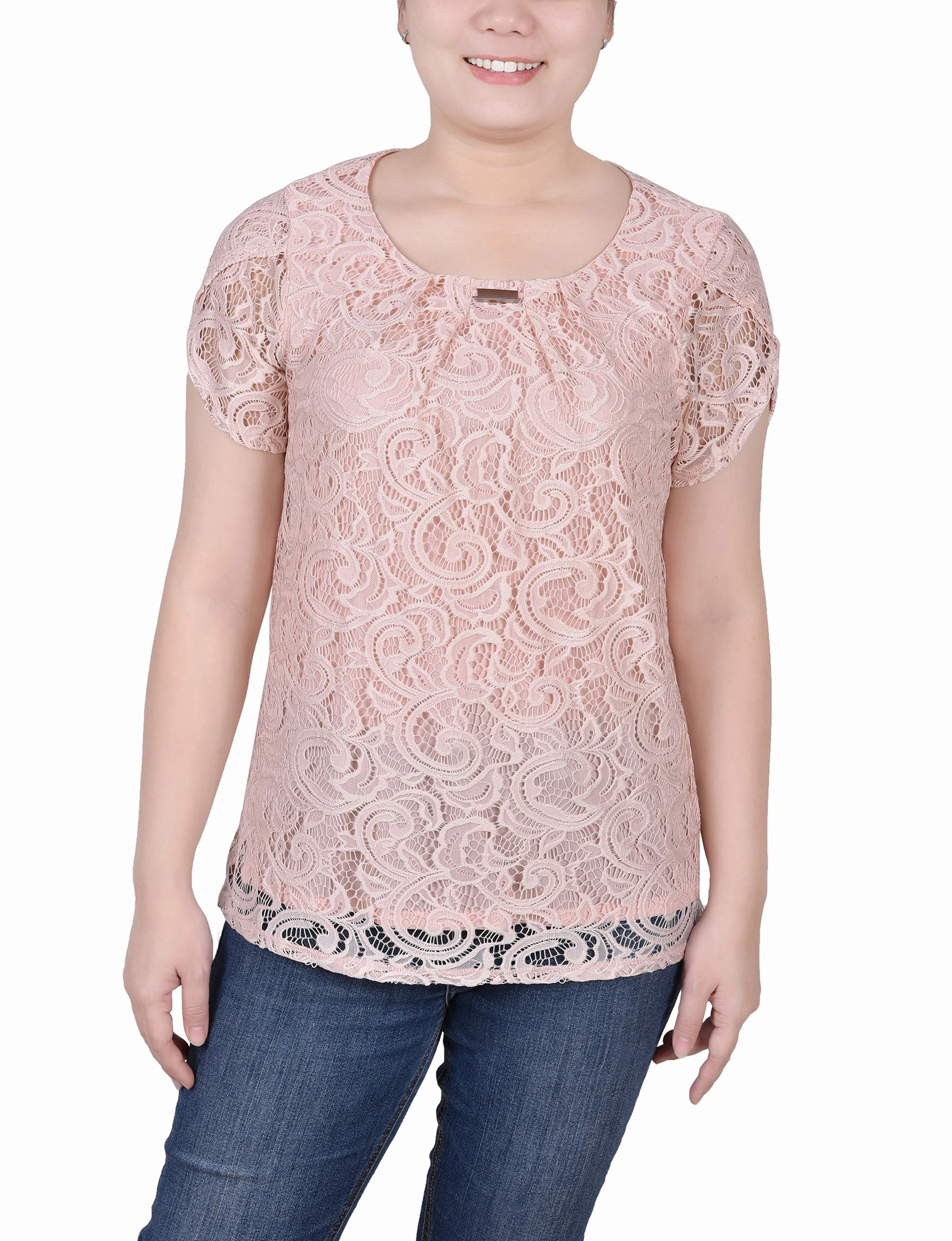 Petite Lace Petal Sleeve Top DurableWeave stain resistant coating