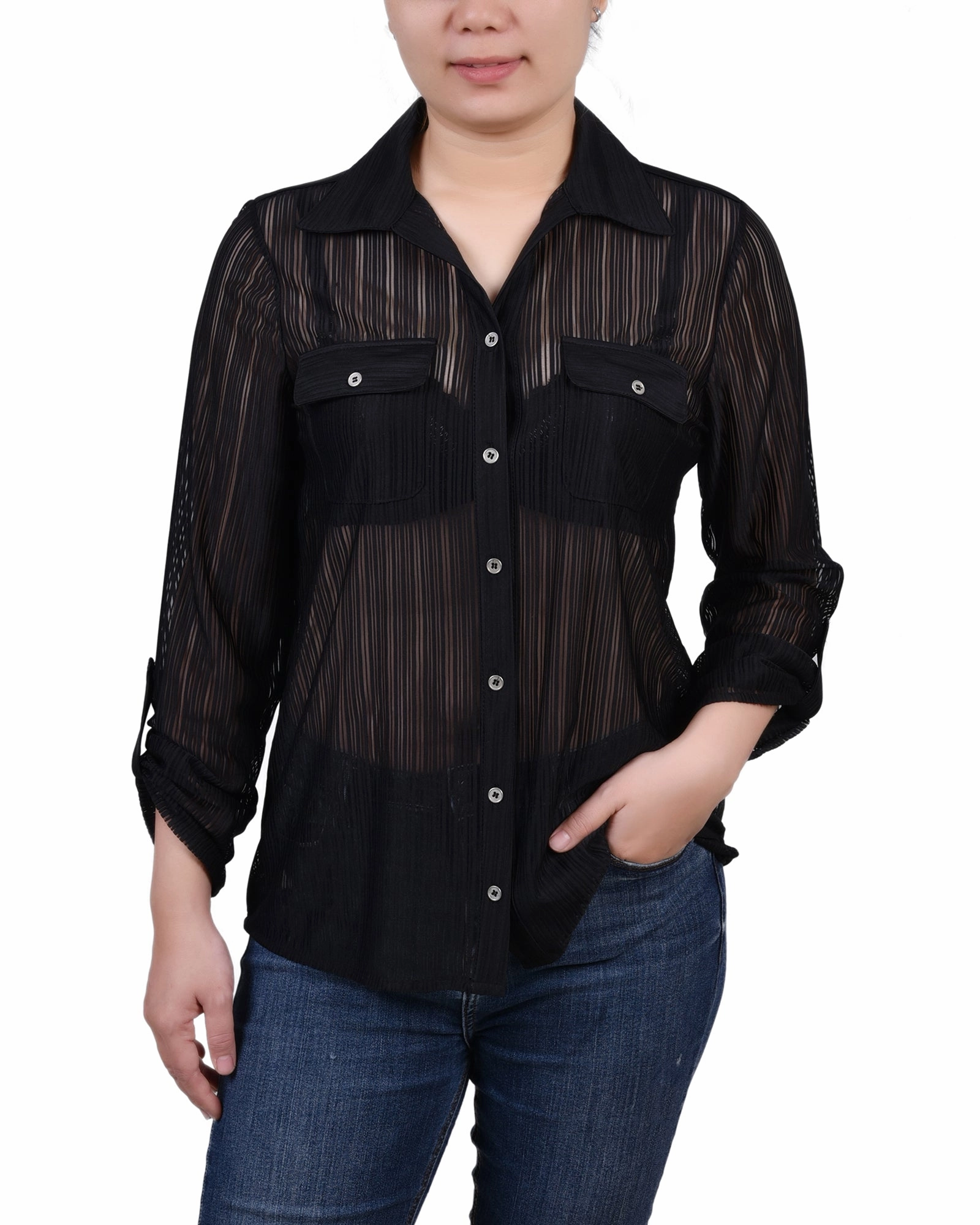 Relaxed Design EasyCareMaterial Petite Long Roll Tab Sleeve Burnout Knit Top