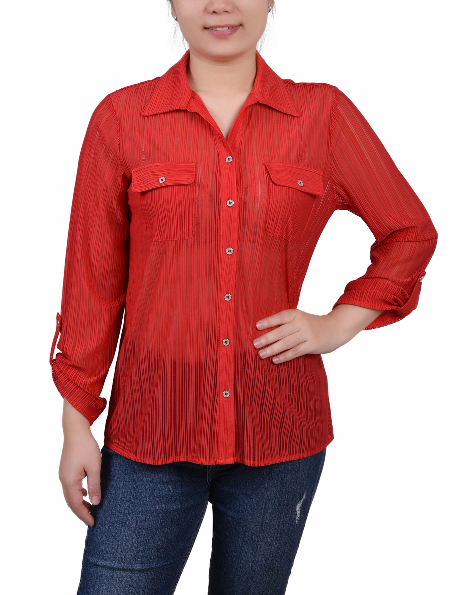 Petite Long Roll Tab Sleeve Burnout Knit Top MoistureWicking Technology Versatile Layering Cut