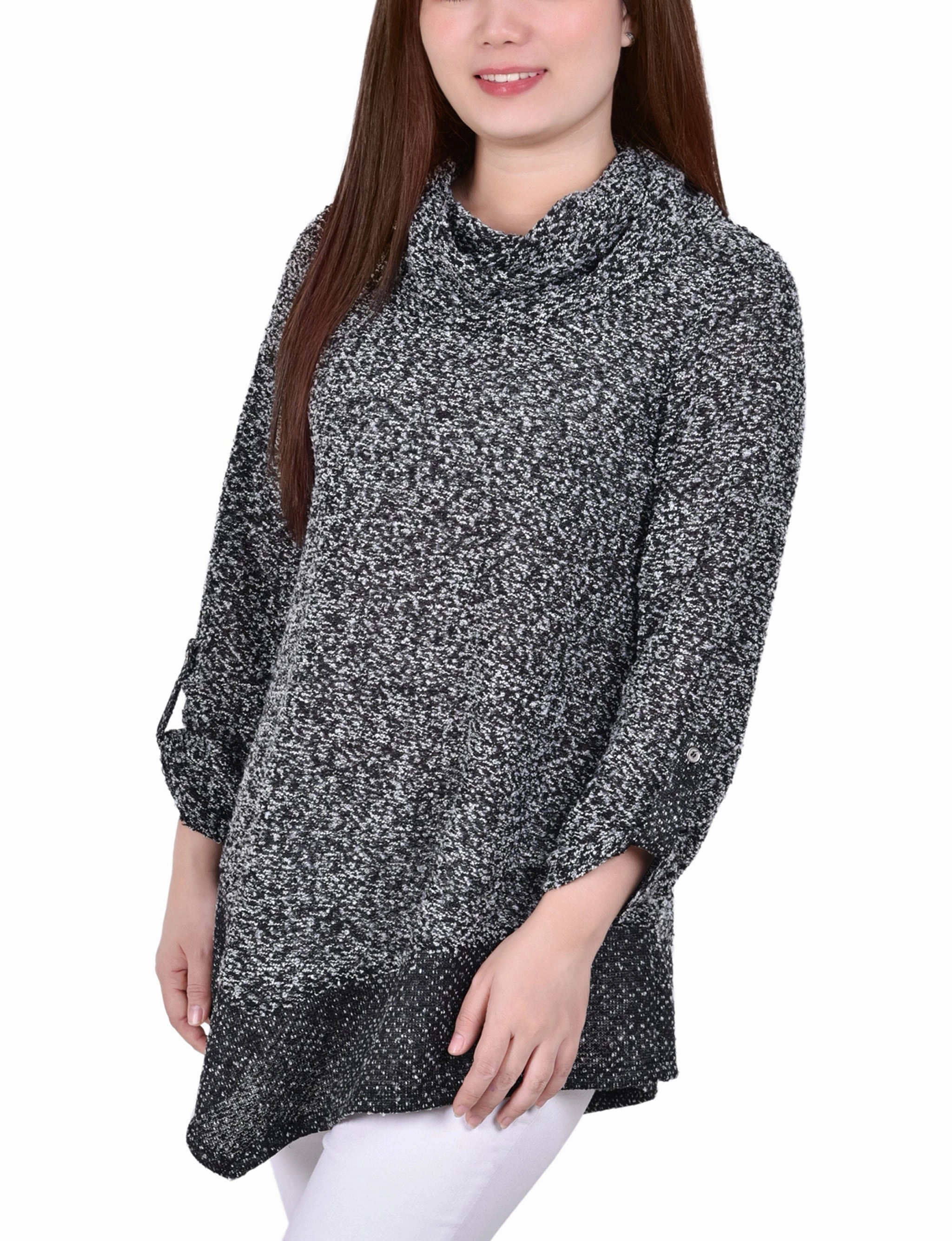 Petite Long Roll Tab Sleeve Nubby Cowl Neck Top Winter Fashion