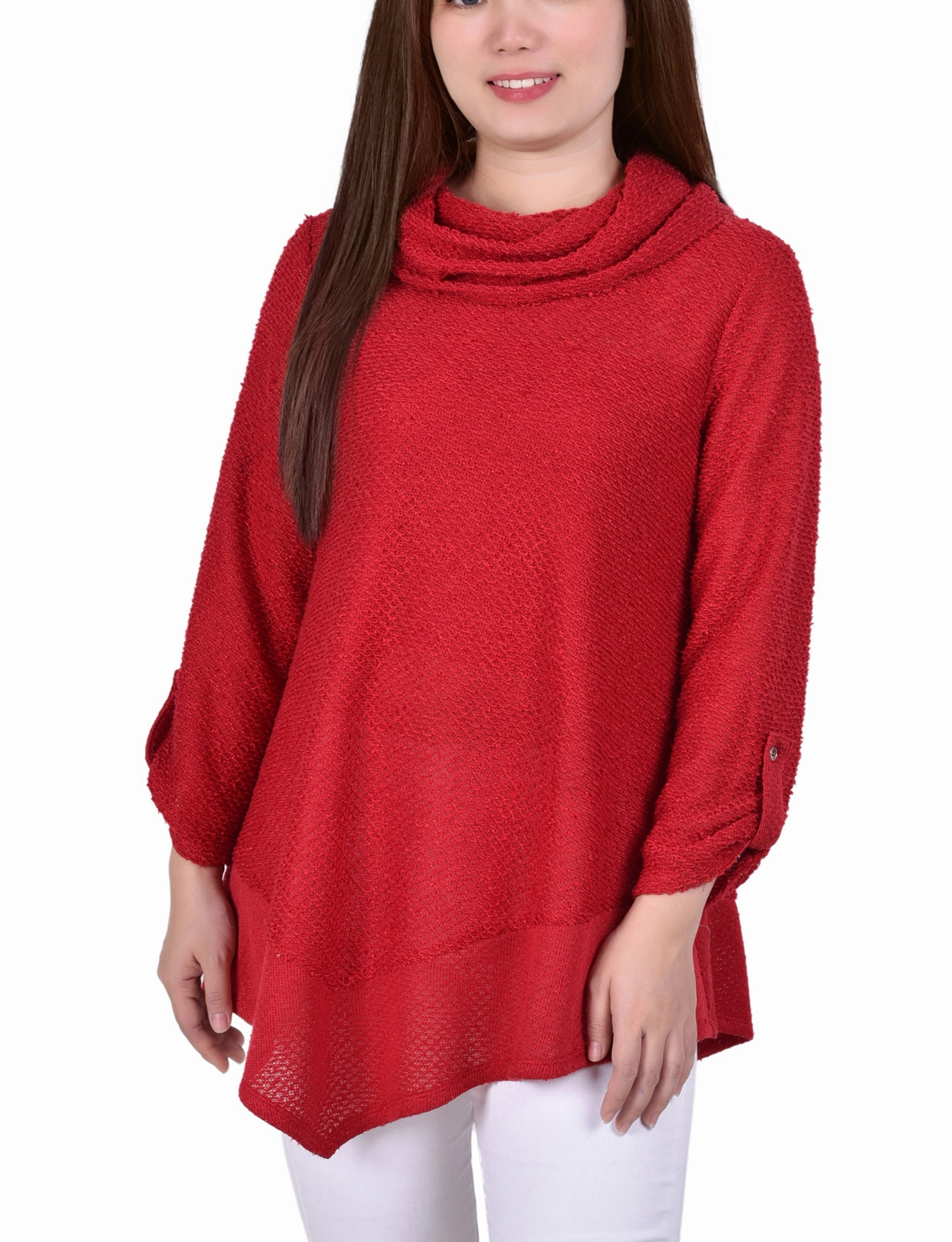 Petite Long Roll Tab Sleeve Nubby Cowl Neck Top Cool Weather