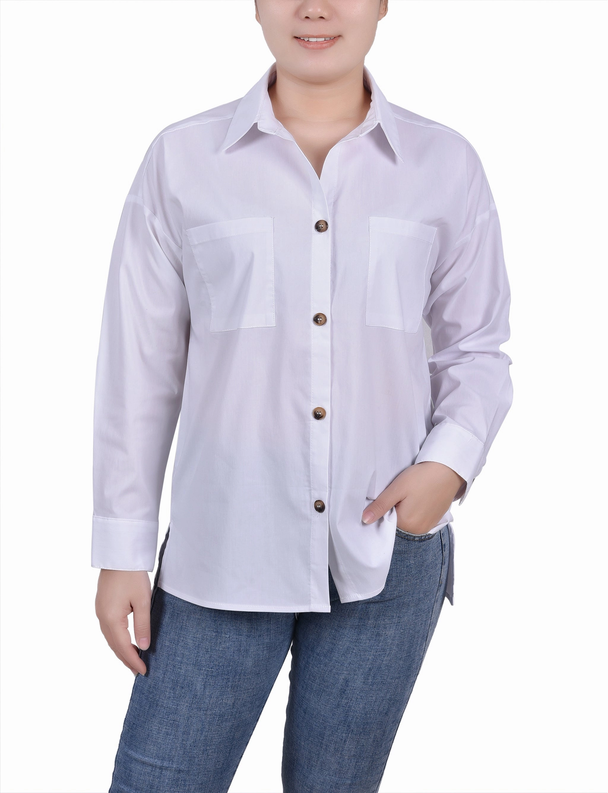 Petite Long Sleeve Blouse With Chest Pockets Midweight Four Way Stretch Reinforced Buttonholes