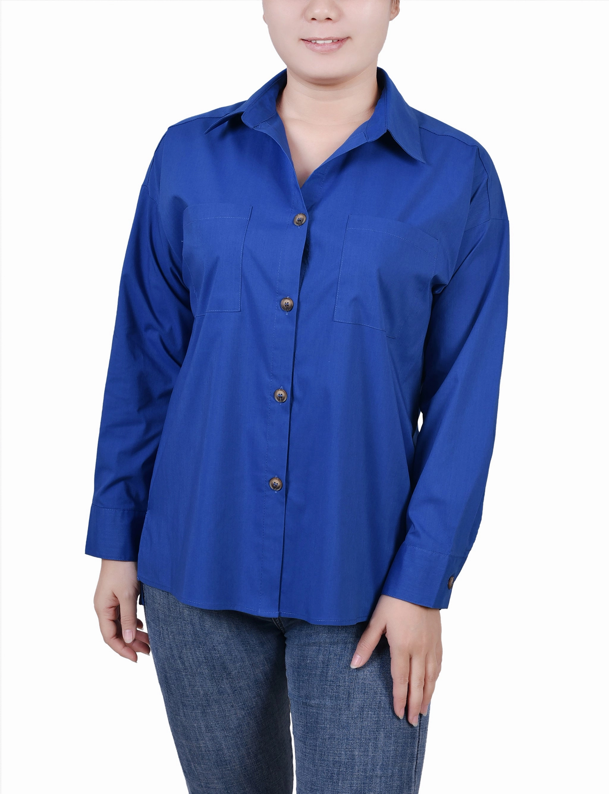 FlexibleCollar Colorfast Dye Method Petite Long Sleeve Blouse With Chest Pockets