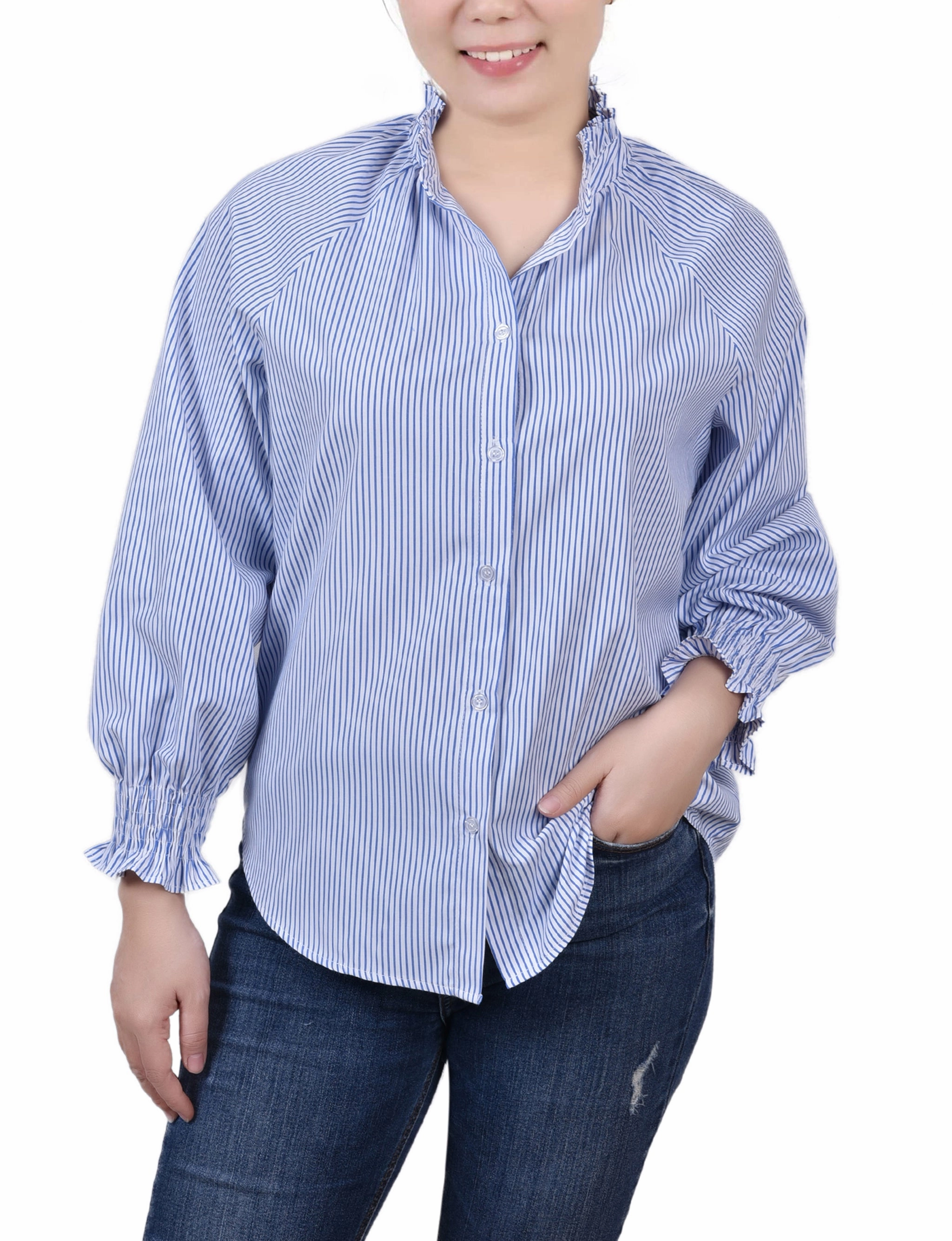 Noise Reduced Zipper Petite Long Sleeve Button Front Blouse