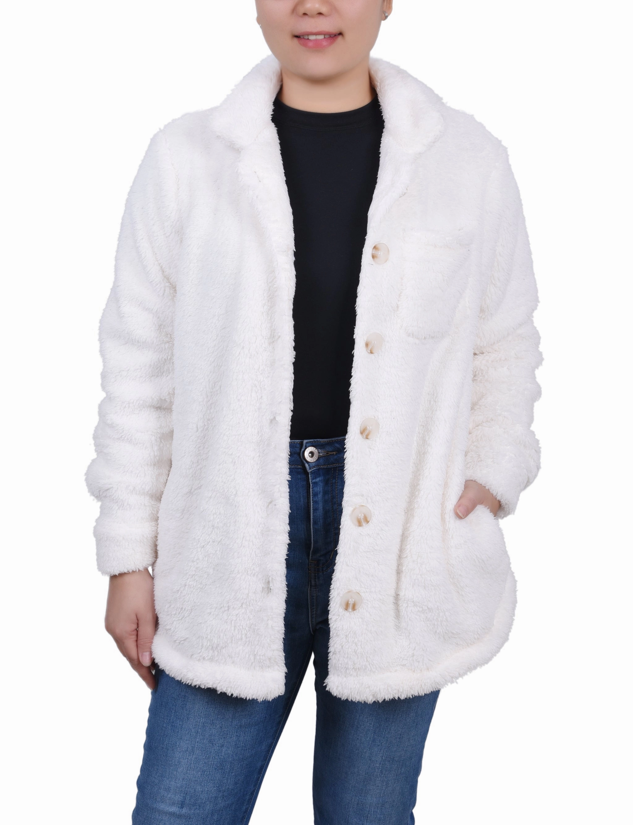 AntiOdorTechnology Petite Long Sleeve Button Front Sherpa Jacket