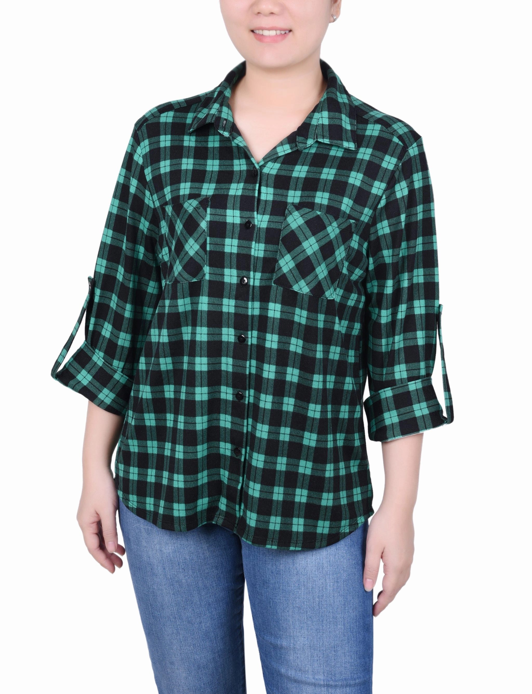 Temperature Control Technology LowMaintenanceFabric Petite Long Sleeve Button Front Tunic Top