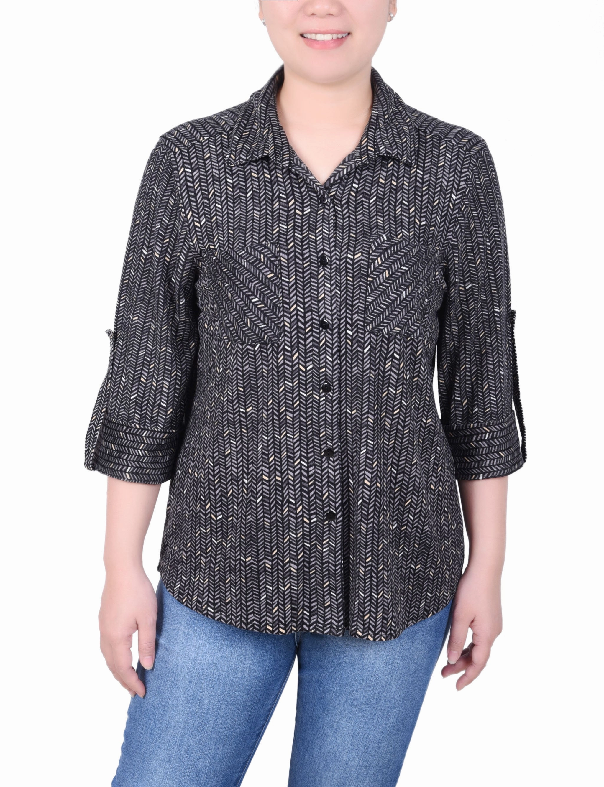 Petite Long Sleeve Button Front Tunic Top BreathableBackVents