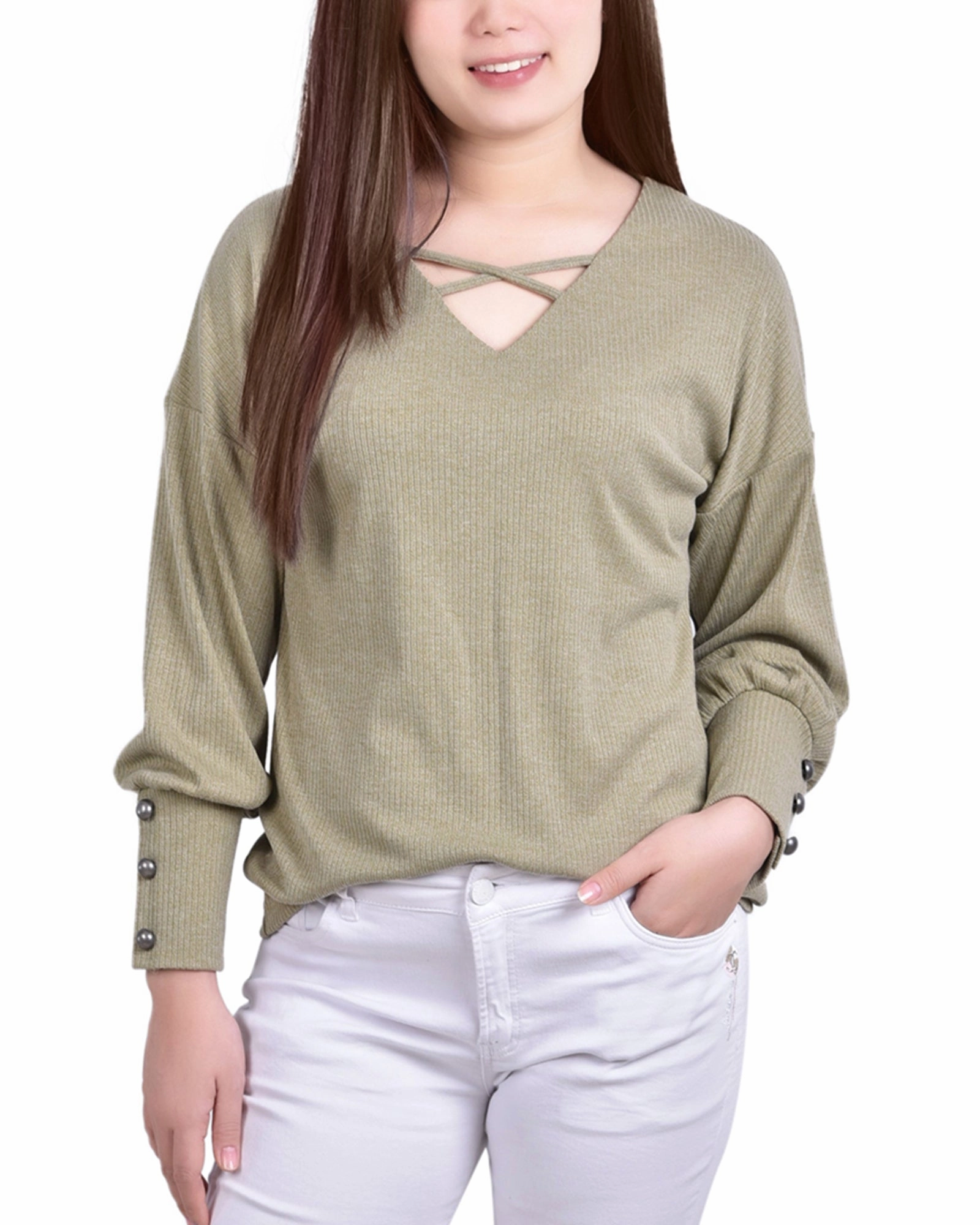 Petite Long Sleeve Criss Cross Neck Pullover Top AllDayComfort ZipClosure