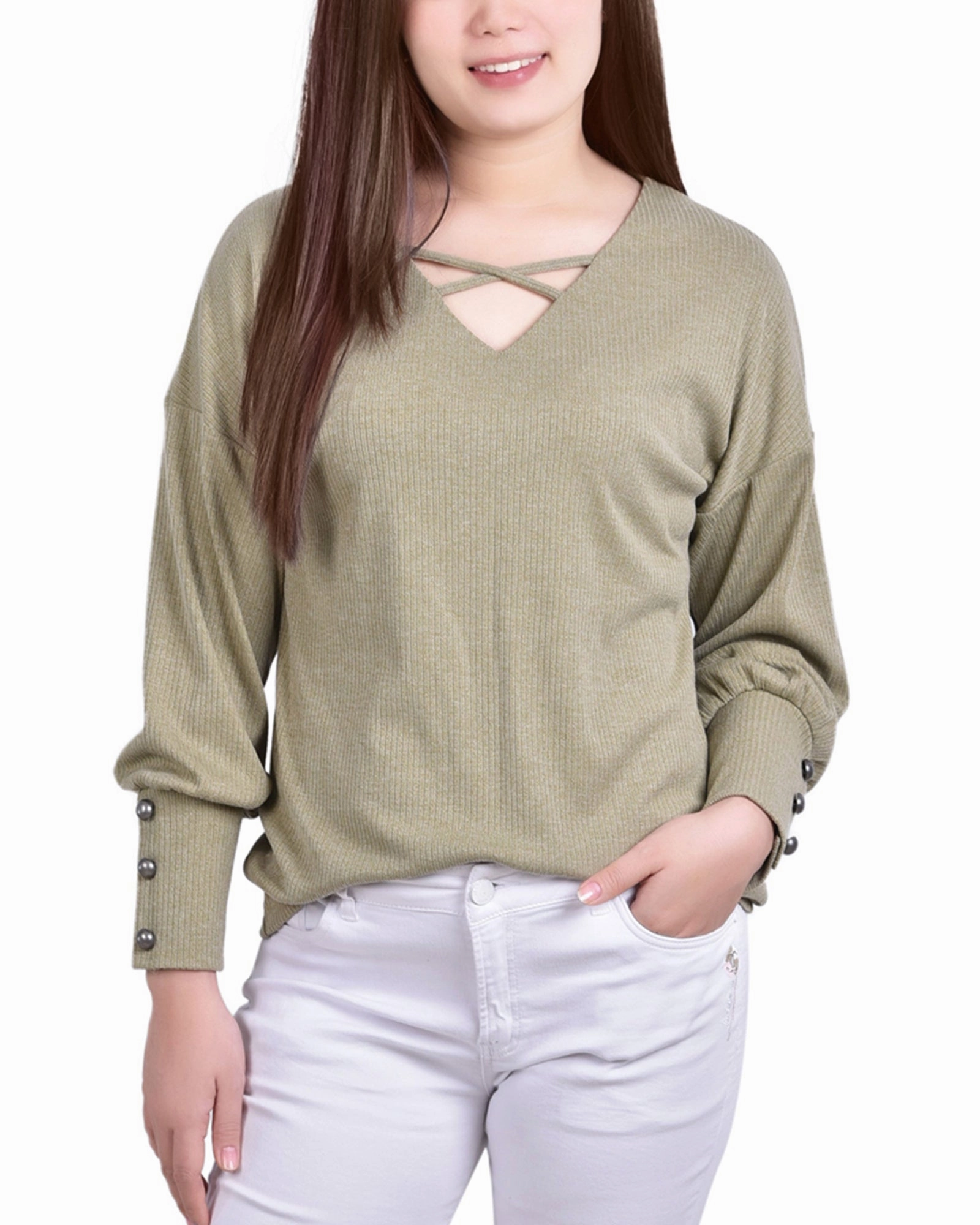 Temperature control Petite Long Sleeve Criss Cross Neck Pullover Top