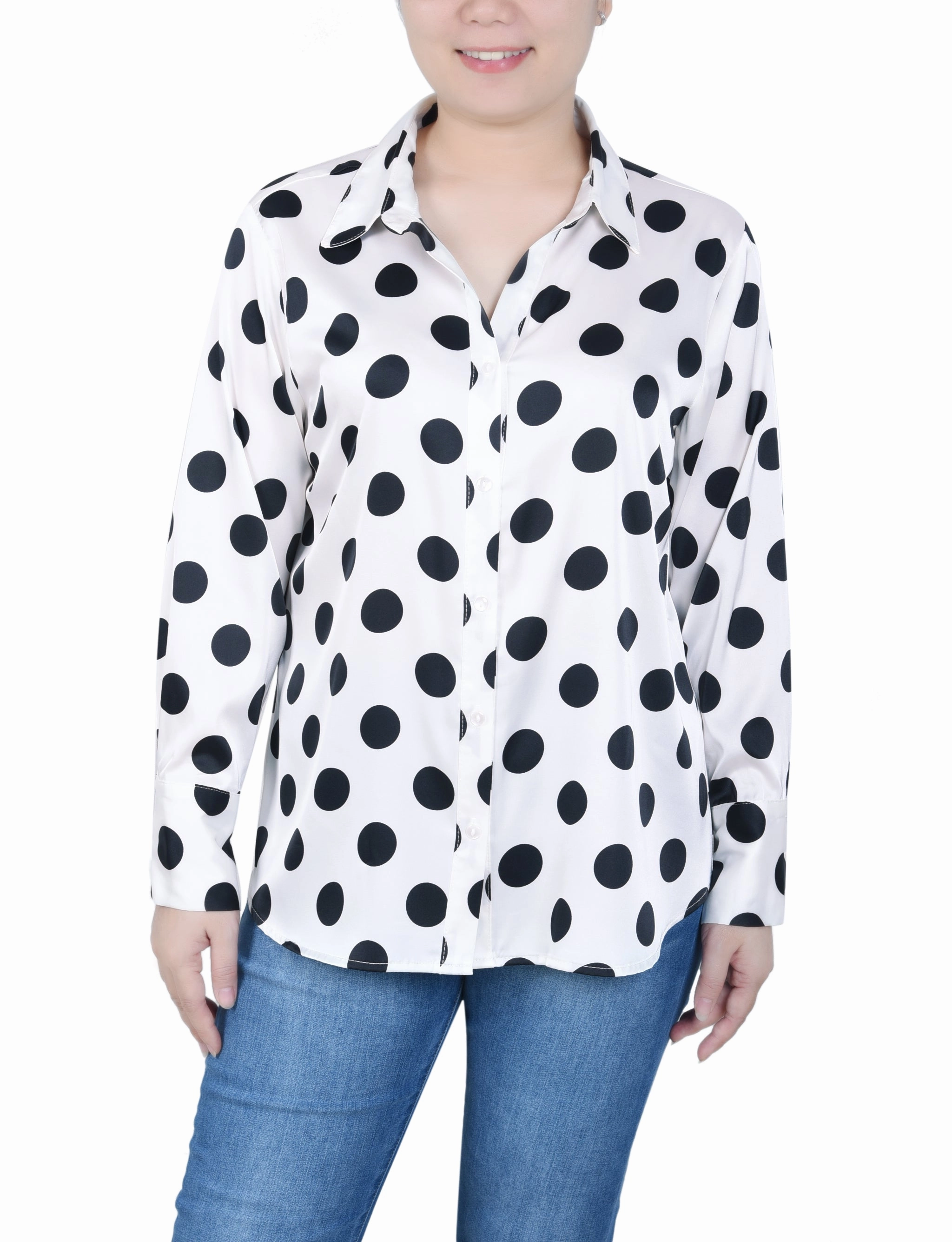 ReinforcedHem FeatherlightConstruction Petite Long Sleeve Dotted Satin Blouse