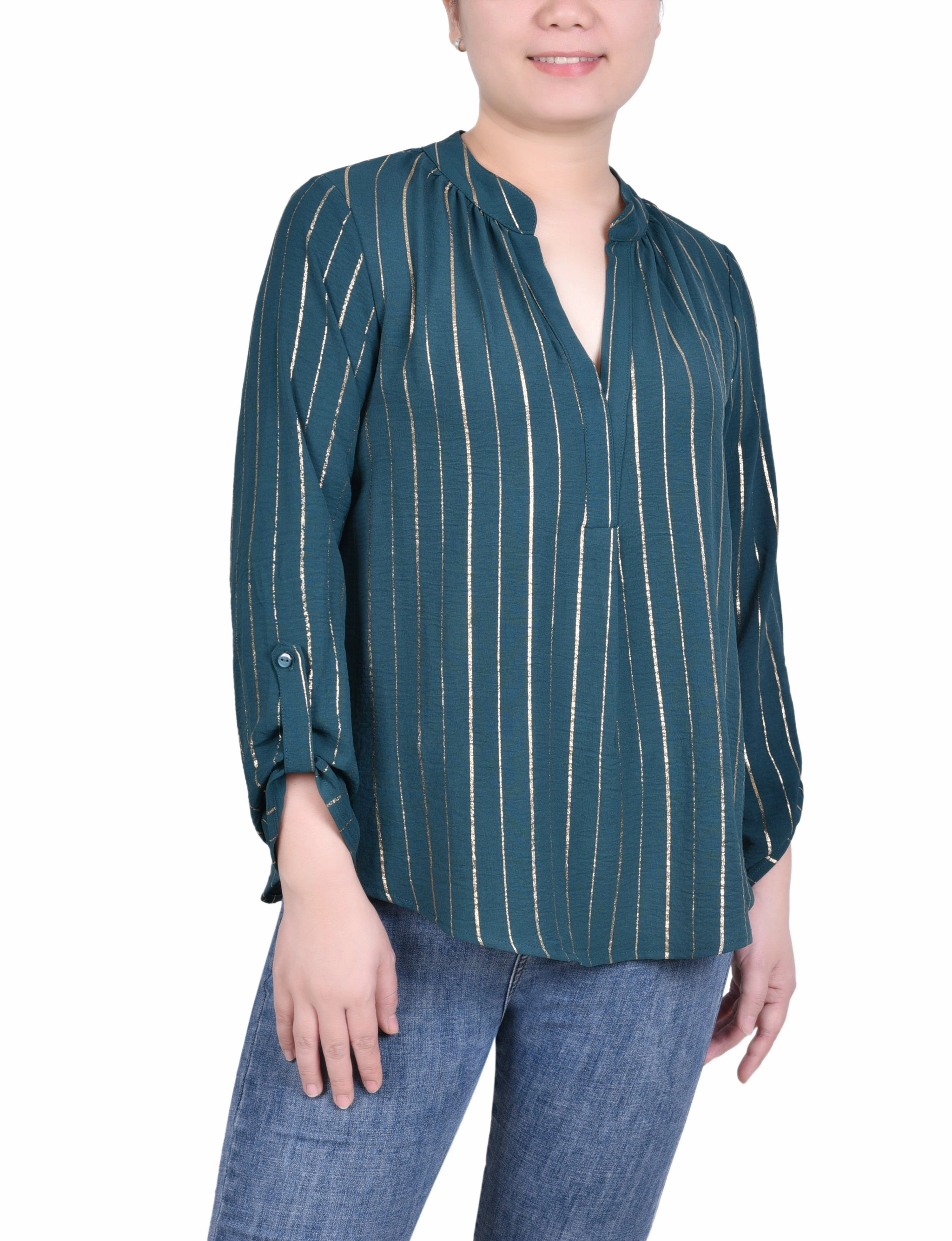 Petite Long Sleeve Foil Striped Blouse Breathable Design PocketDetails