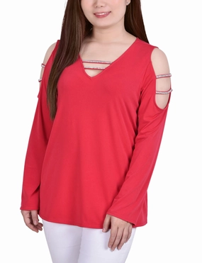 Petite Long Sleeve Knit Crepe Rhinestone Top FlexibleElasticatedEdging Summer Wardrobe