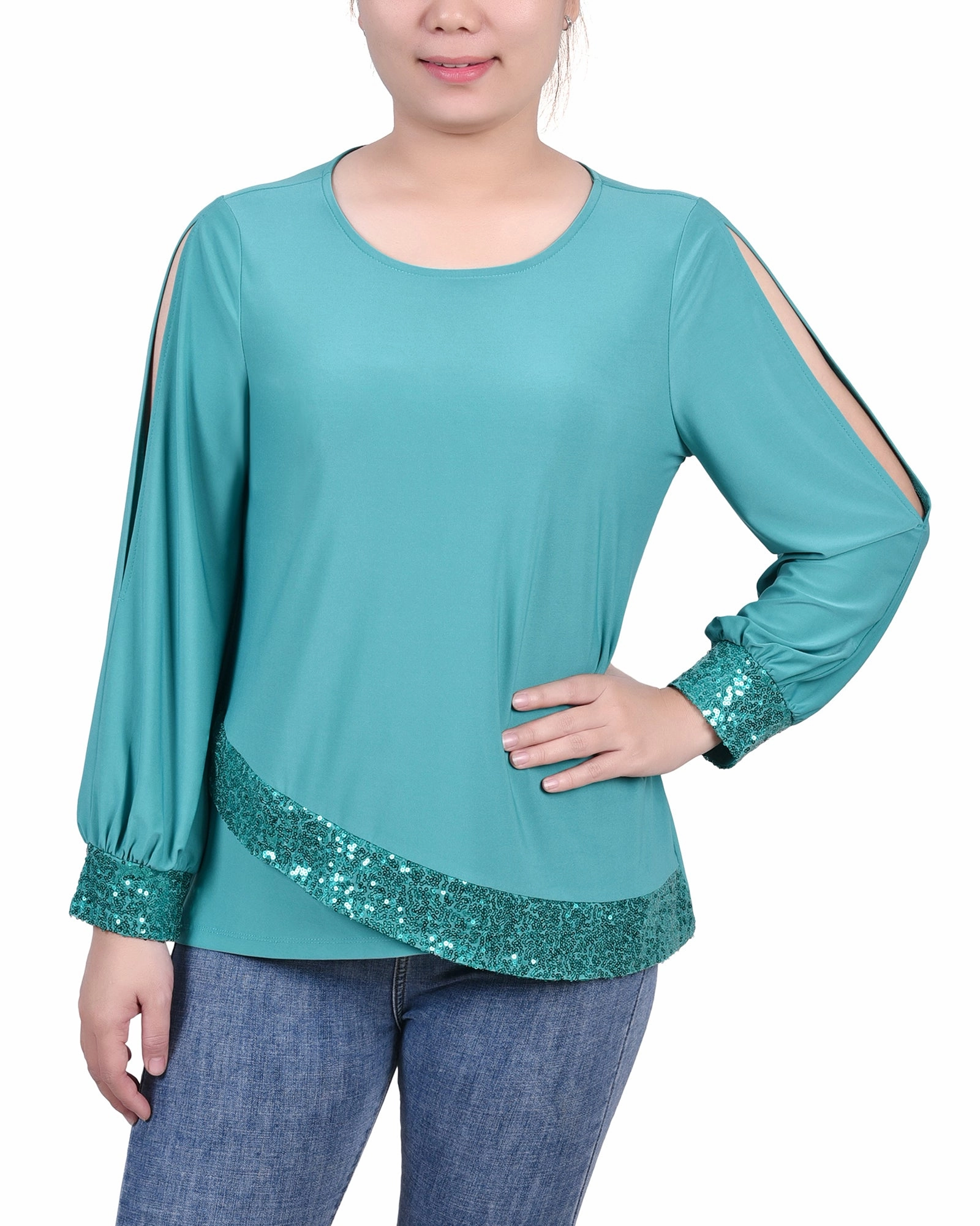 Versatile Shirt Petite Long Sleeve Knit Top With Sequin Hem