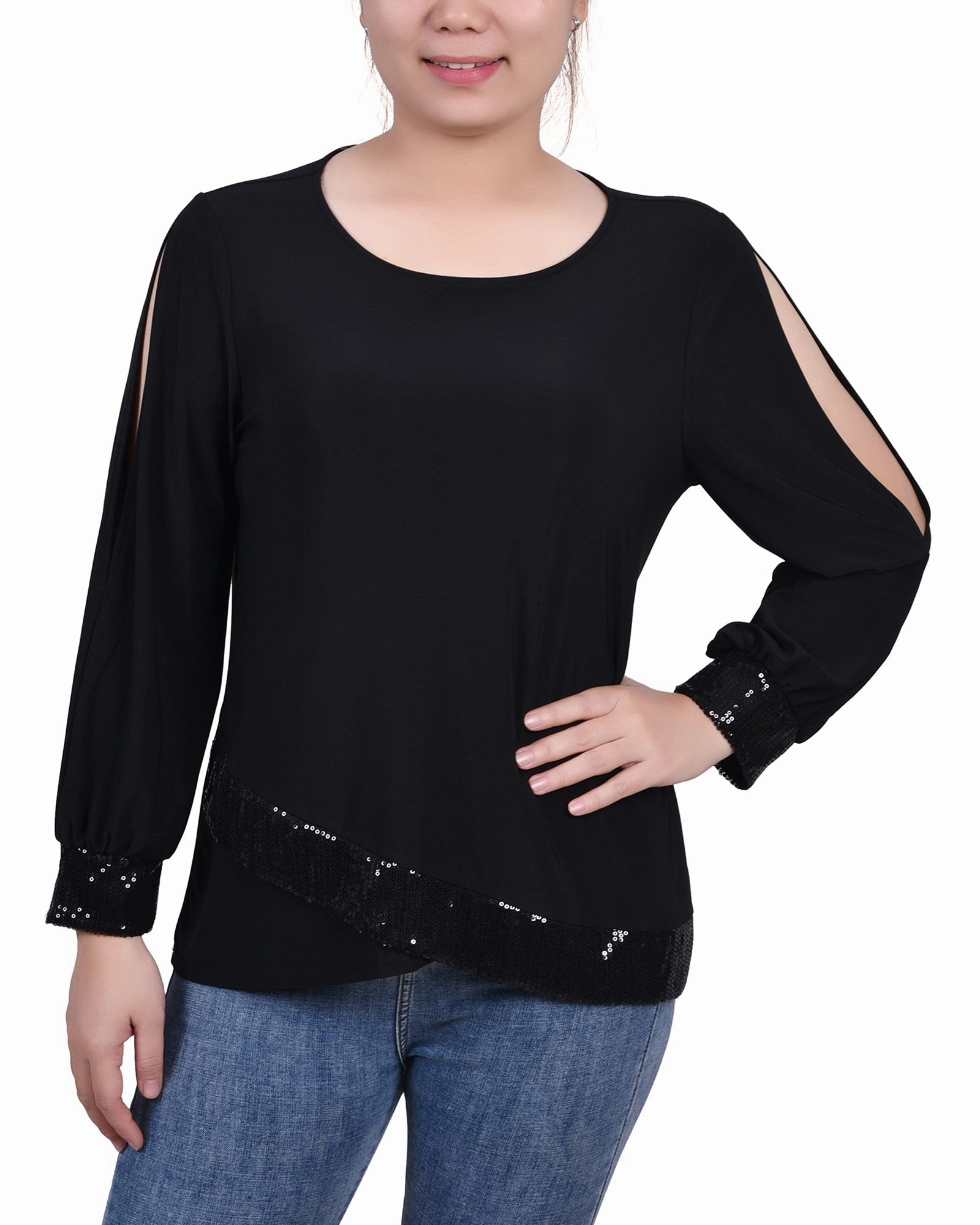 Temperature Regulating Fabric ZonalVentilation Petite Long Sleeve Knit Top With Sequin Hem