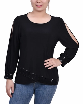 Temperature Regulating Fabric ZonalVentilation Petite Long Sleeve Knit Top With Sequin Hem