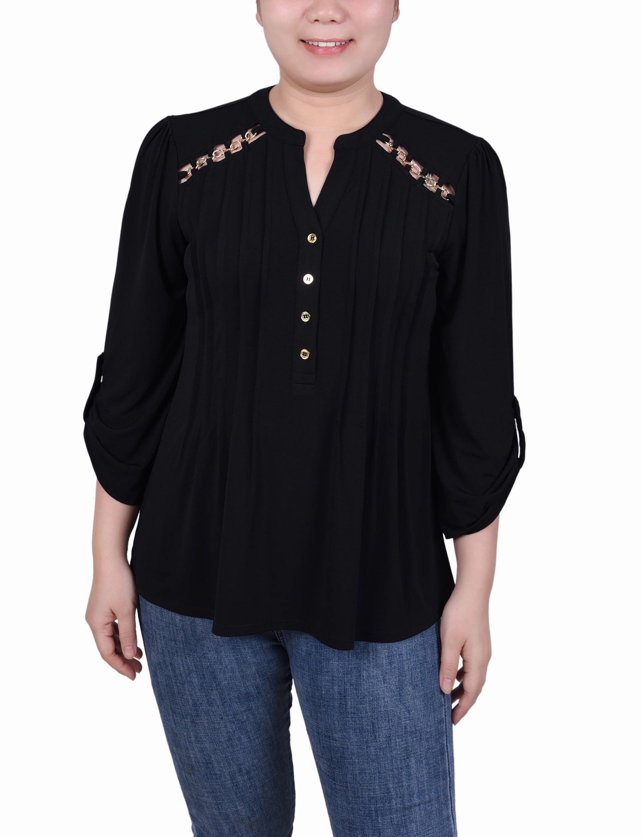 Petite Long Sleeve Pintuck Front Top With Chain Details Fashion Blouse