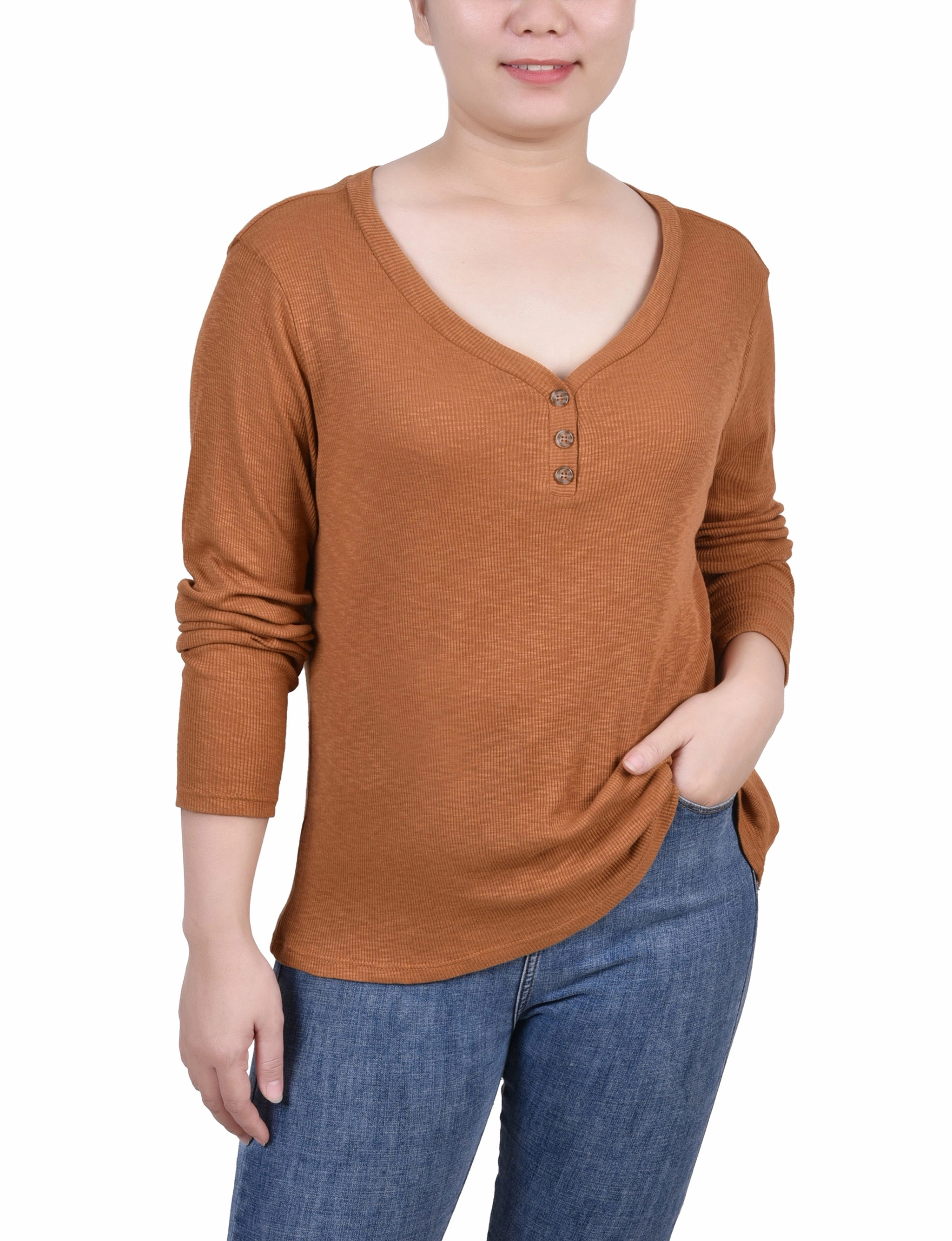 Petite Long Sleeve Ribbed Henley Top EasyCare Material Ribbed Knit Fabric