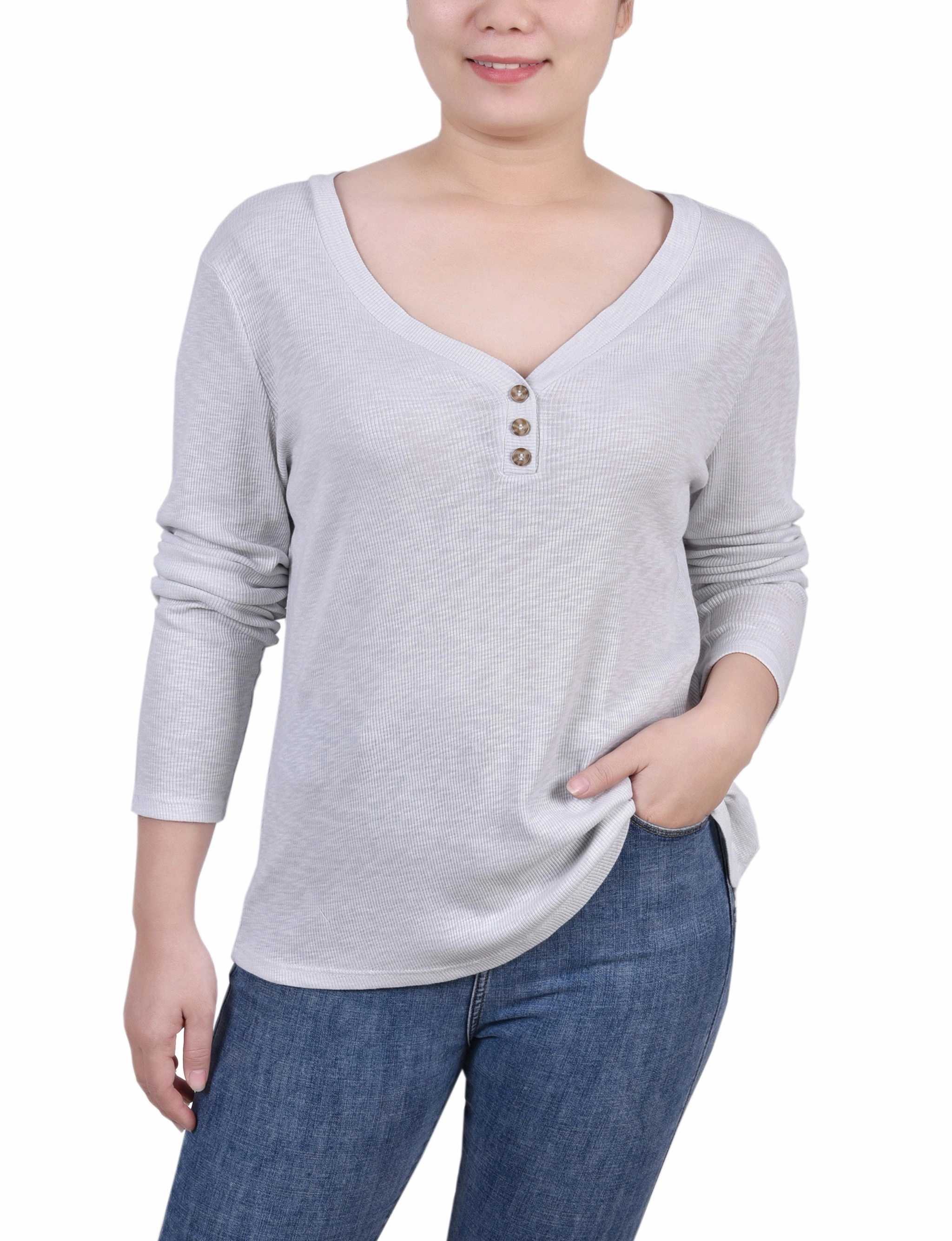 Cozy Blouse Petite Long Sleeve Ribbed Henley Top