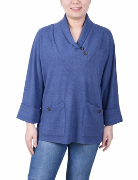 Petite Long Sleeve Shawl Collar Top With Pockets Sporty Style Flexible Ribbed Cuffs
