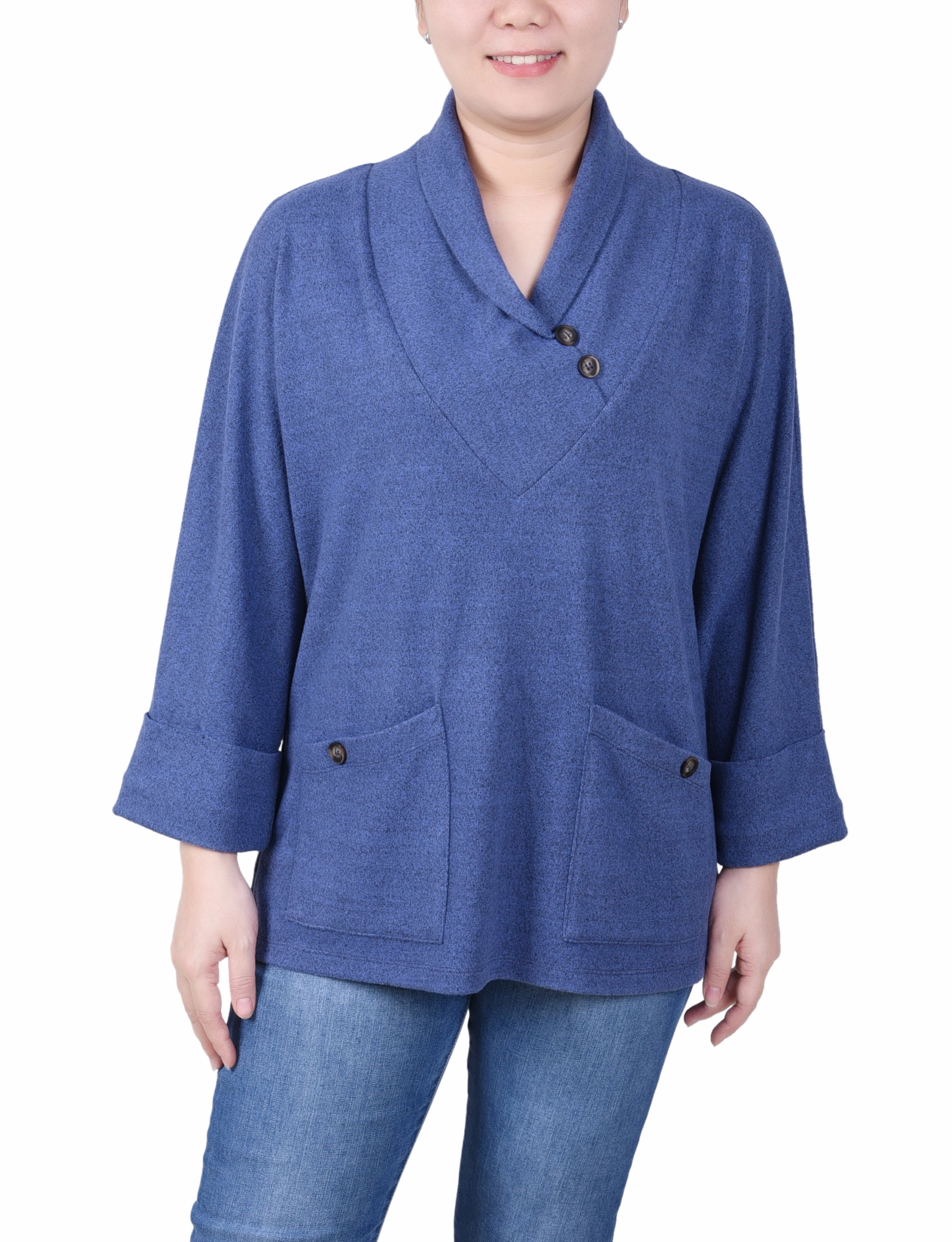 FourWayStretch Petite Long Sleeve Shawl Collar Top With Pockets