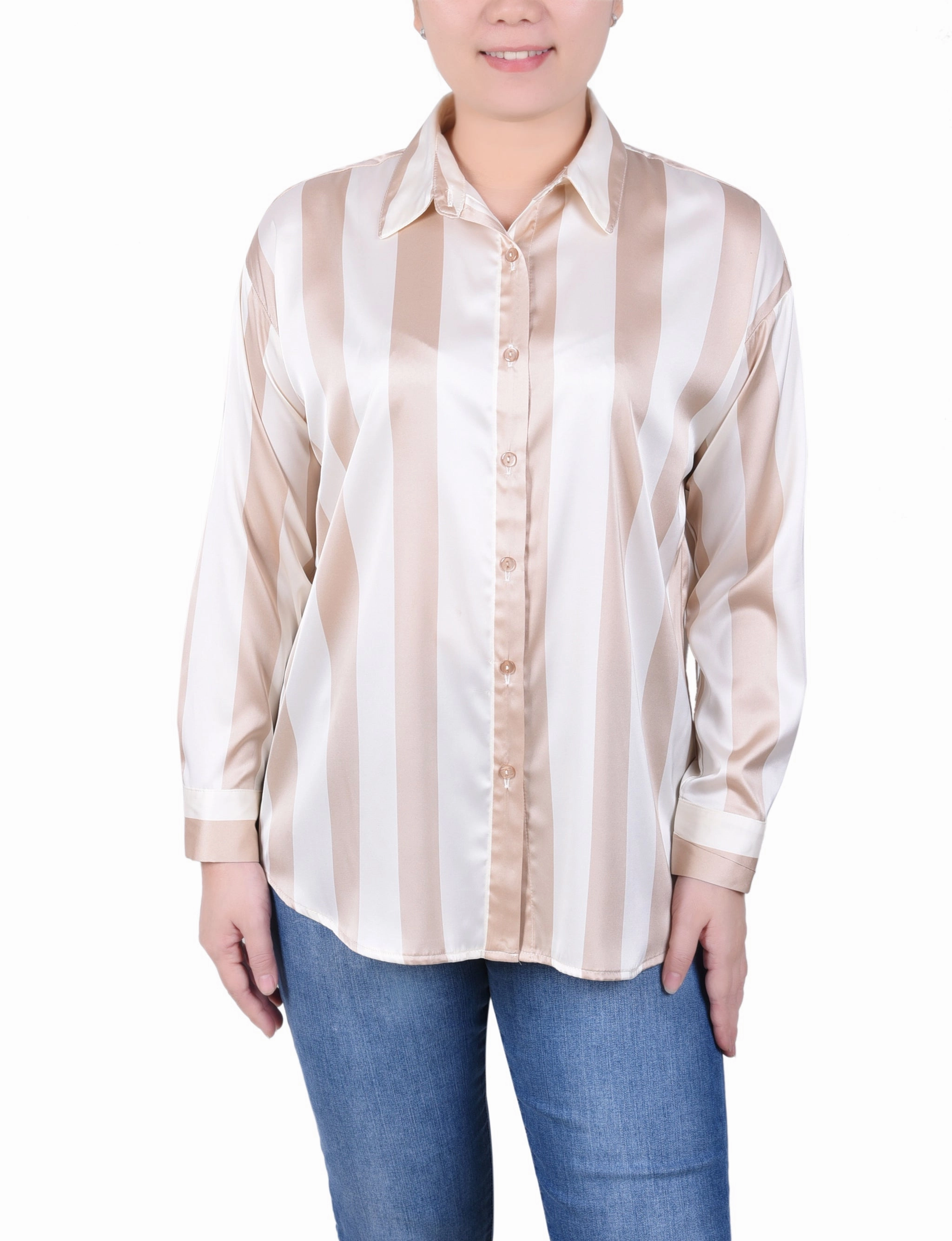 Petite Long Sleeve Striped Satin Blouse Ergonomic Shoulder Shape SeamlessConstruction