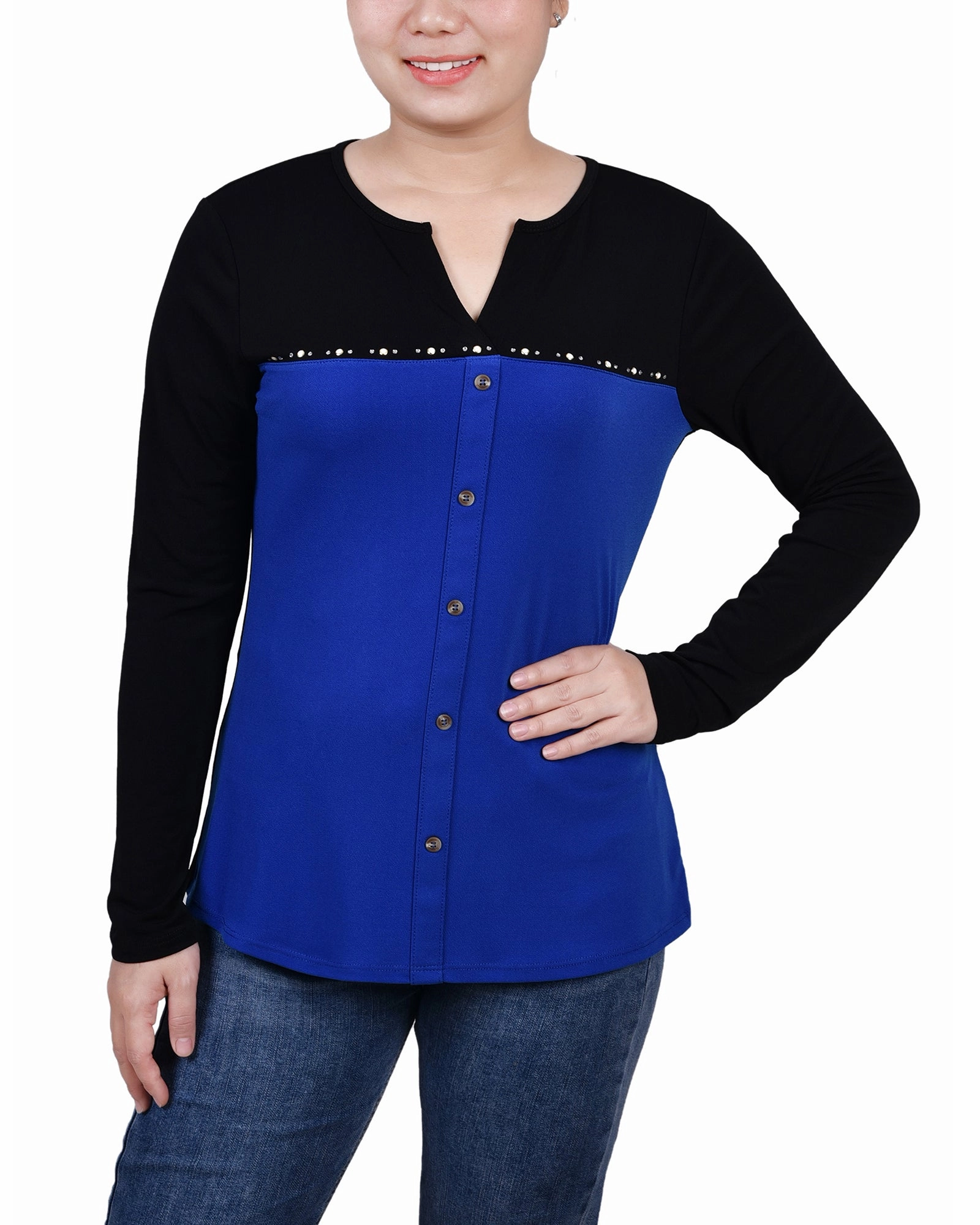 Snag Proof Weave Durable Stitch Pattern Petite Long Sleeve Studded Colorblocked Split Neck Top