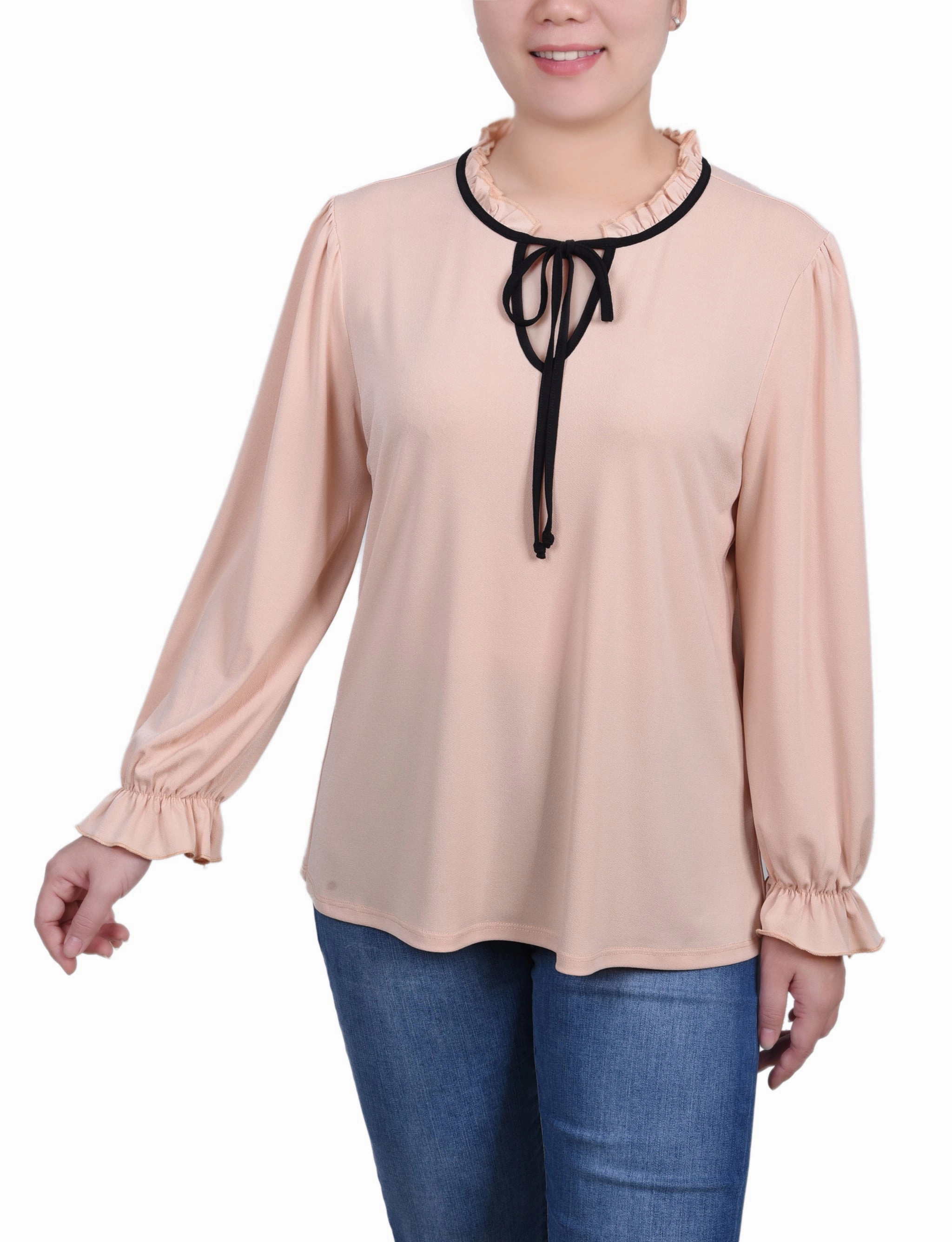 Slim Fit Design Petite Long Sleeve Tie Neck Top