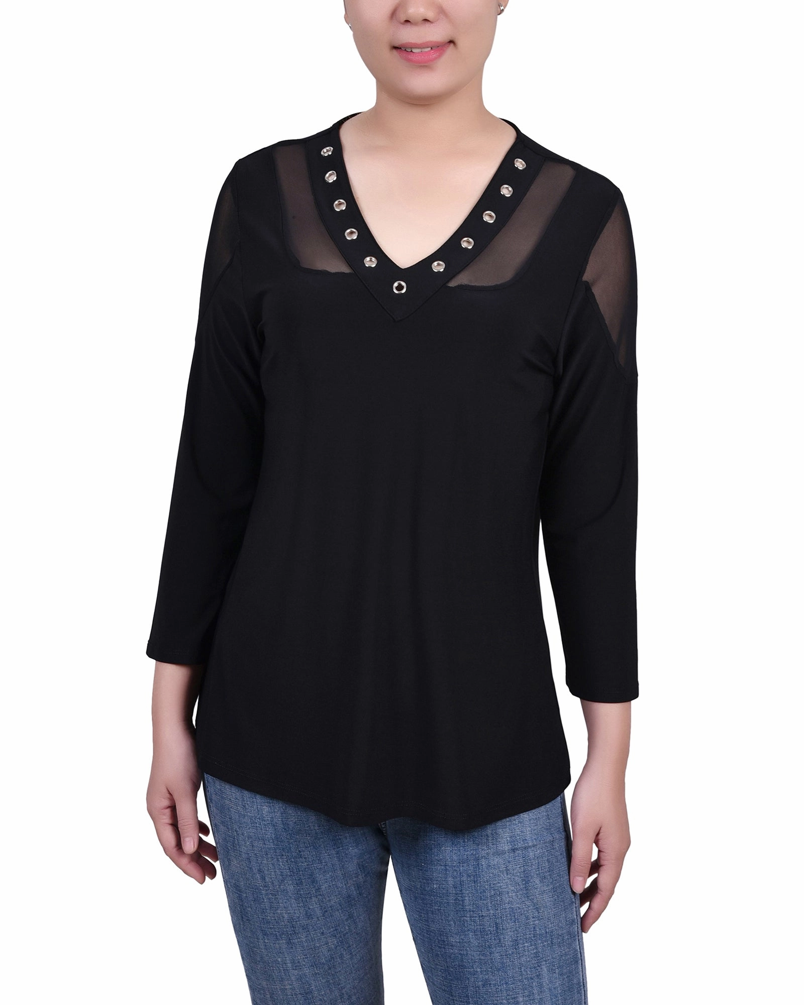 Petite Long Sleeve Top With Mesh Insets Casual Tee