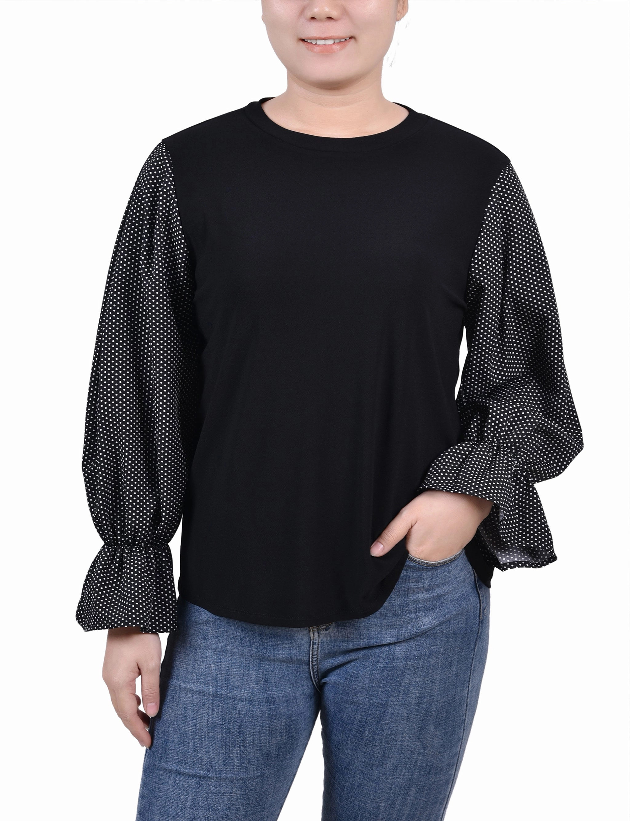 Temperature Regulating Fibers Formal Shirt Petite Long Sleeve Top With Printed Sleeves