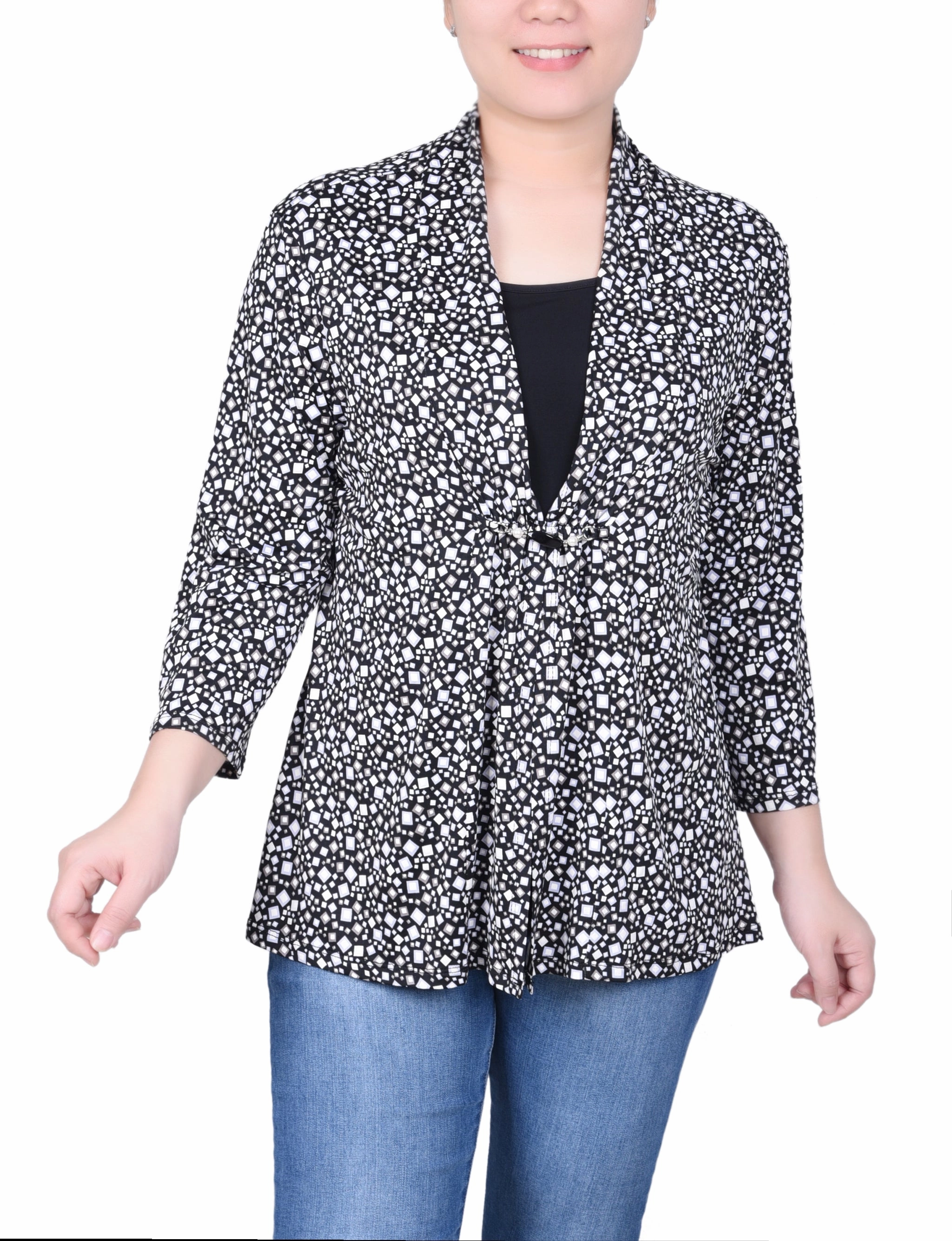 Petite Puff Print 3/4 Sleeve Two-Fer Top UVProtection Coating MoistureControl