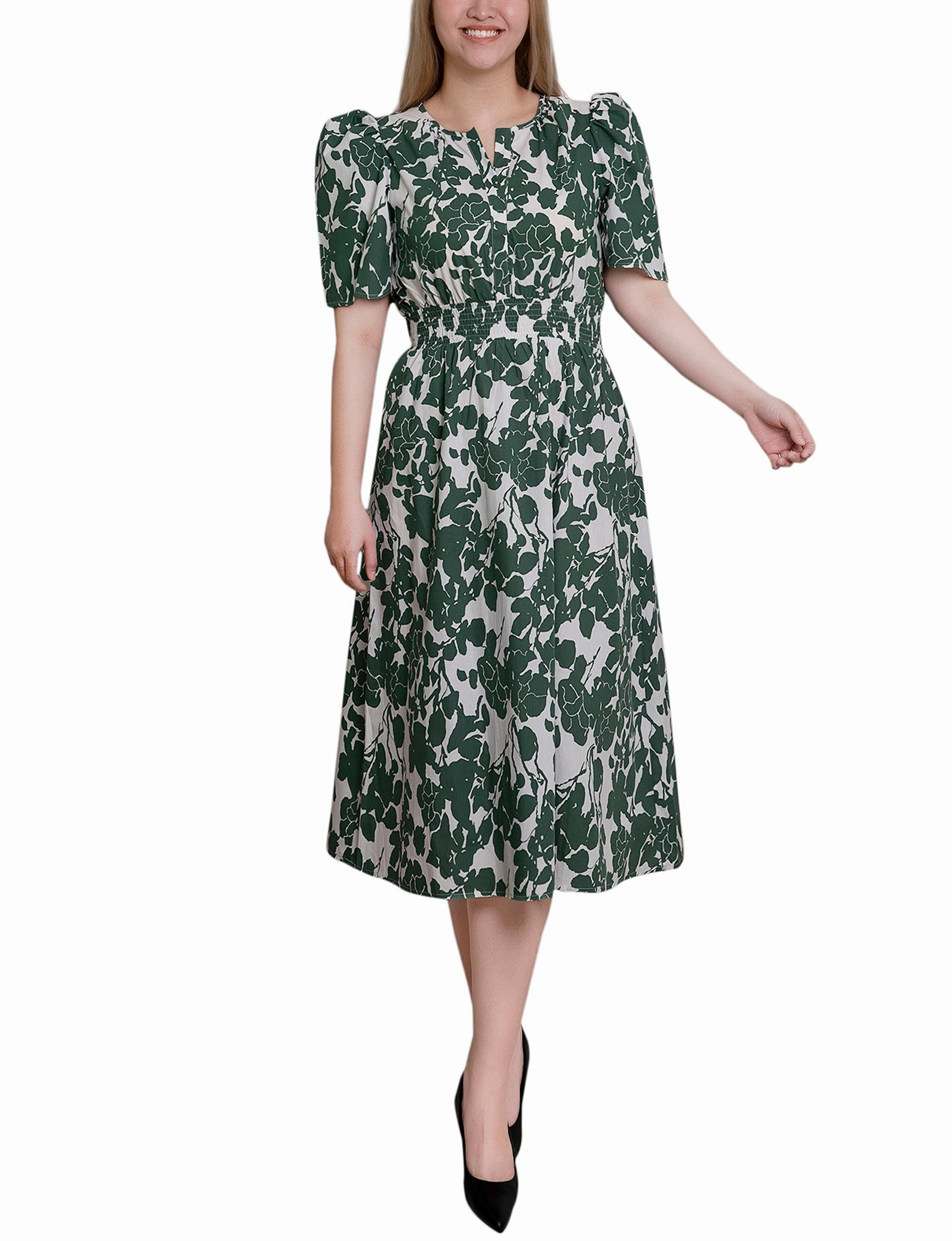 Petite Puff Sleeve Poplin Dress Gentle Drape