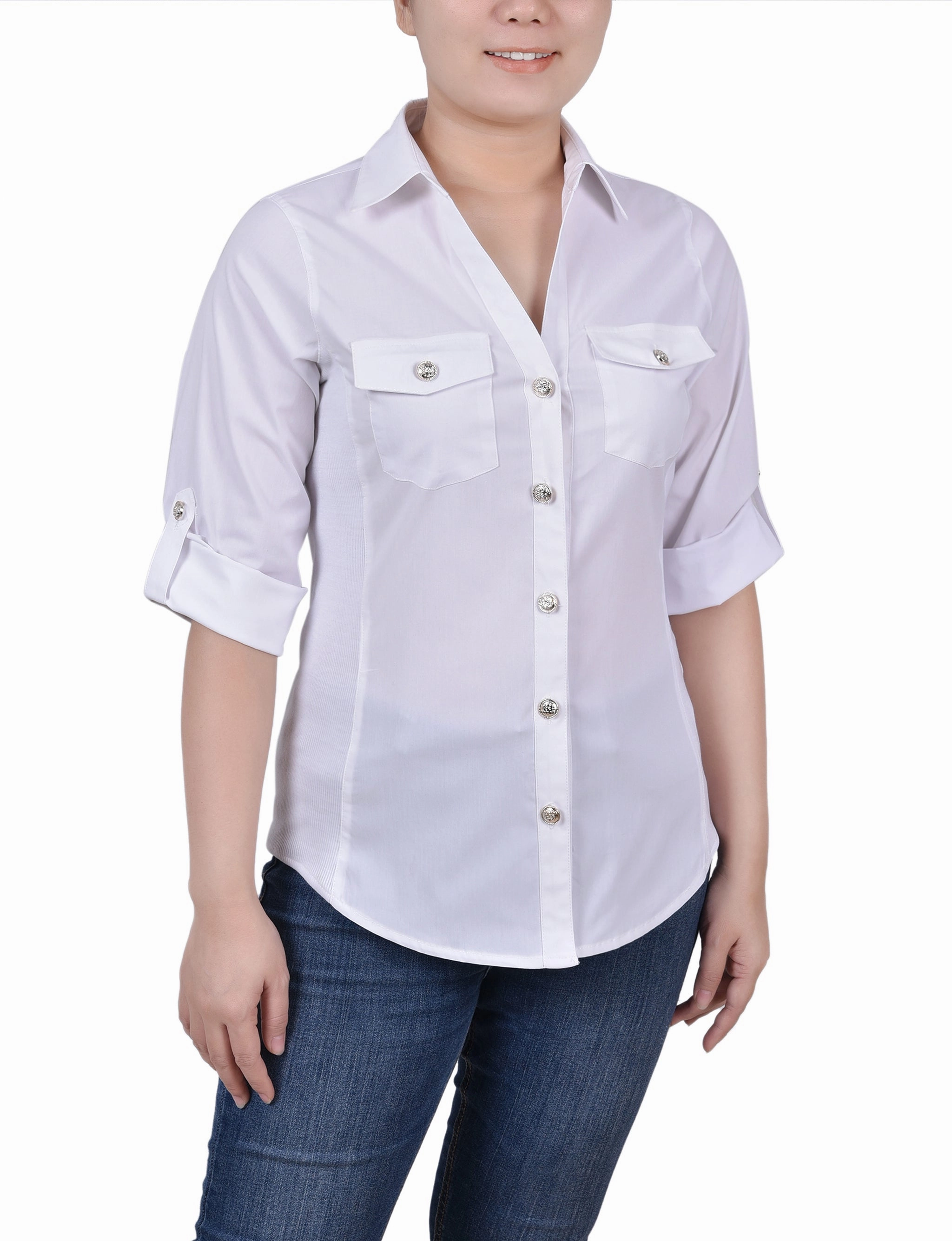 Petite Roll Tab Blouse With Rib Insets Foldable Cuff Design