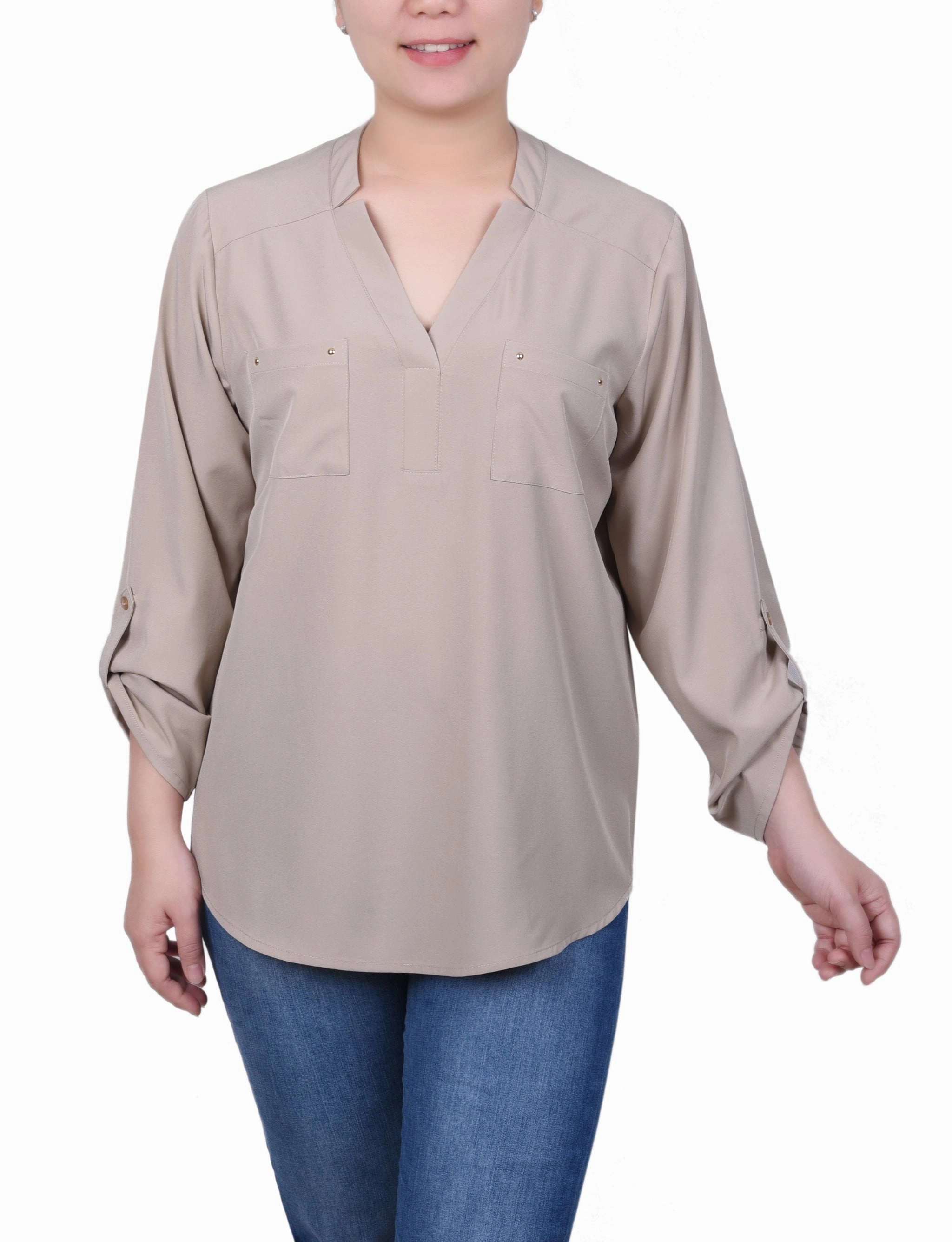 Tencel Lyocell Fiber Petite Roll Tab Sleeve Blouse with Pockets
