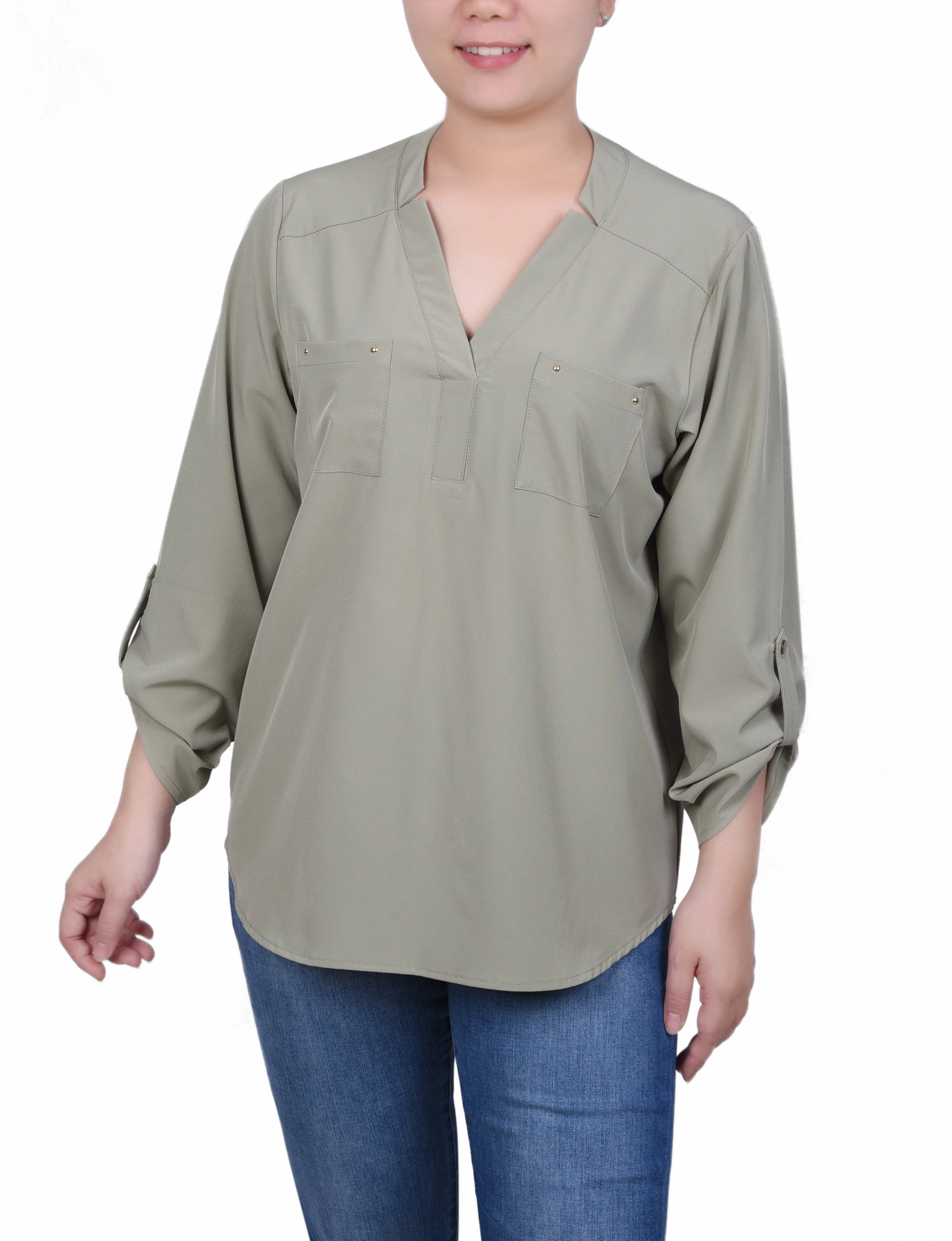 Petite Roll Tab Sleeve Blouse with Pockets MultiLayer Stitching PocketDetails