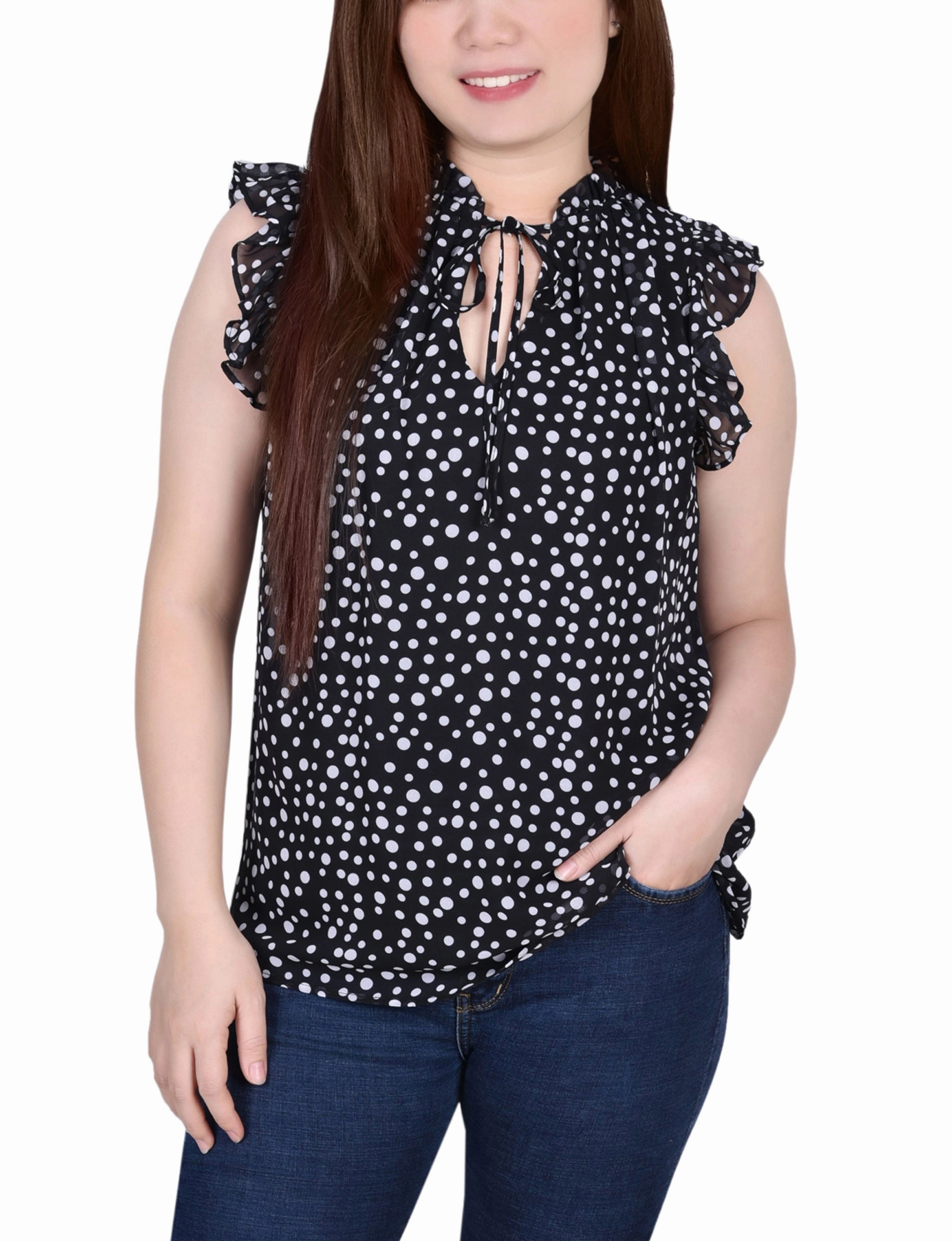 MidweightJersey Thermal Regulation Technology Petite Ruffled Sleeve Blouse With Tie Closure