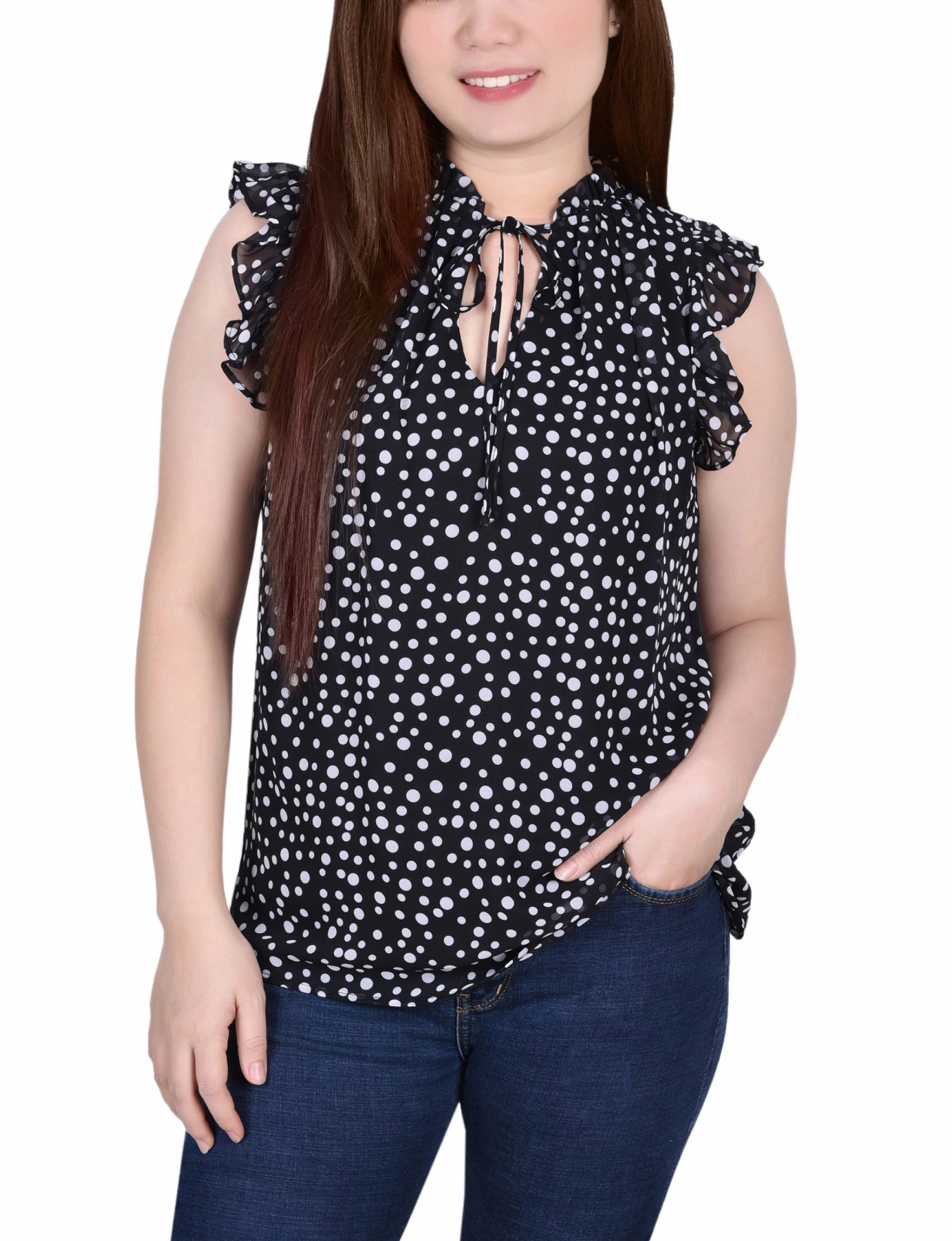 Water Repellent Finish SnagFreeKnit Petite Ruffled Sleeve Blouse With Tie Closure