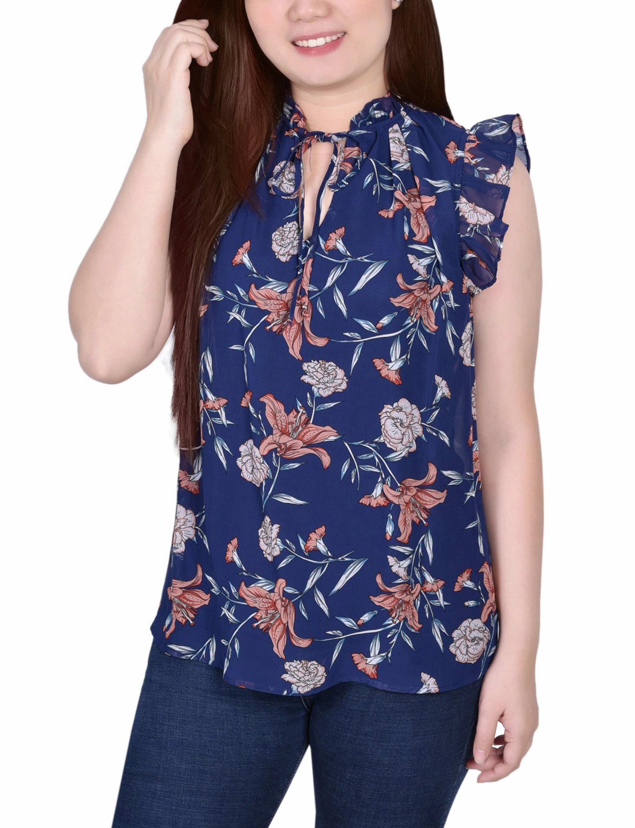 Workout Apparel OdorResistant Fabric Petite Ruffled Sleeve Blouse With Tie Closure