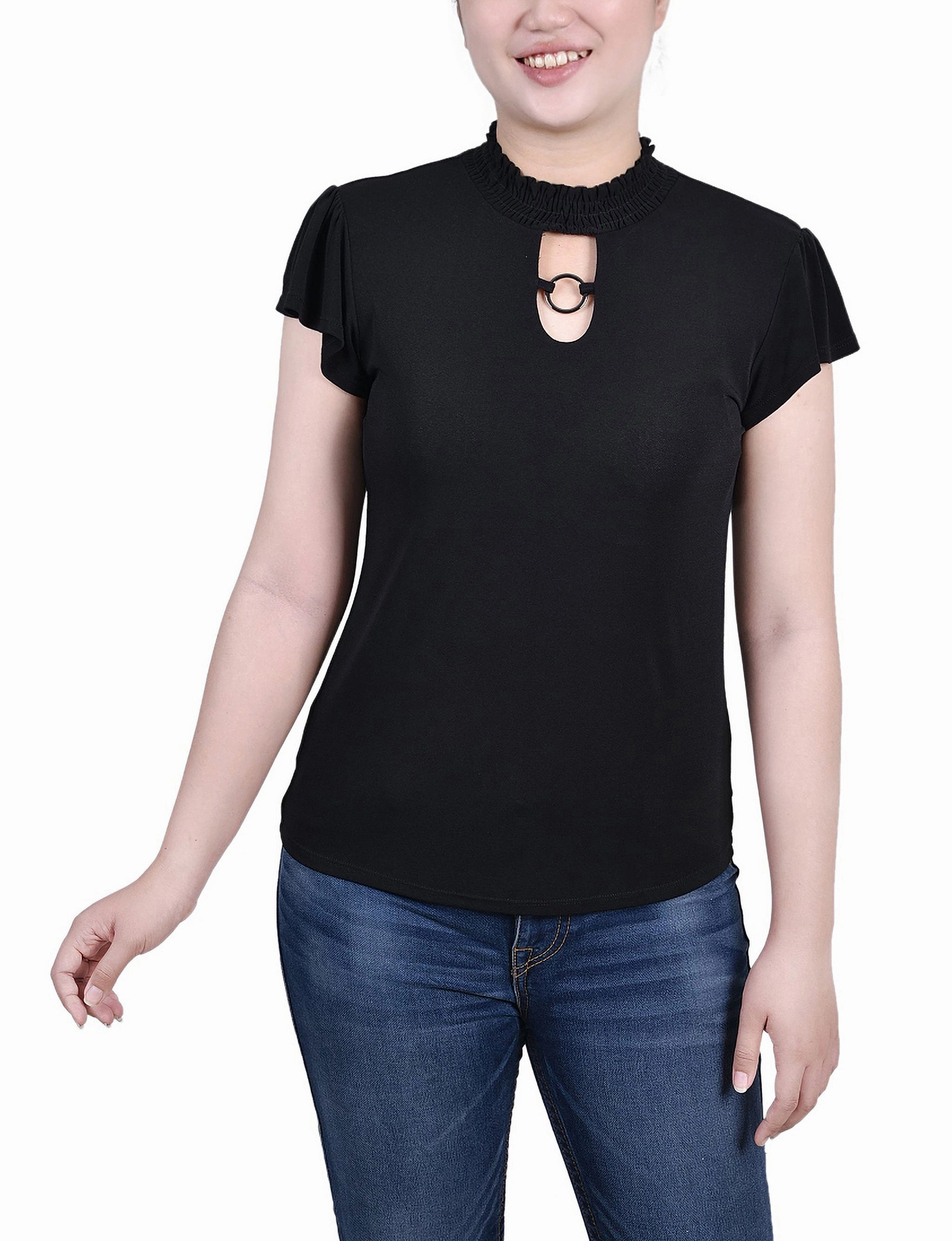 Convertible Sleeve Adaptation Retro Style Petite Short Flutter Sleeve Mock Neck Top