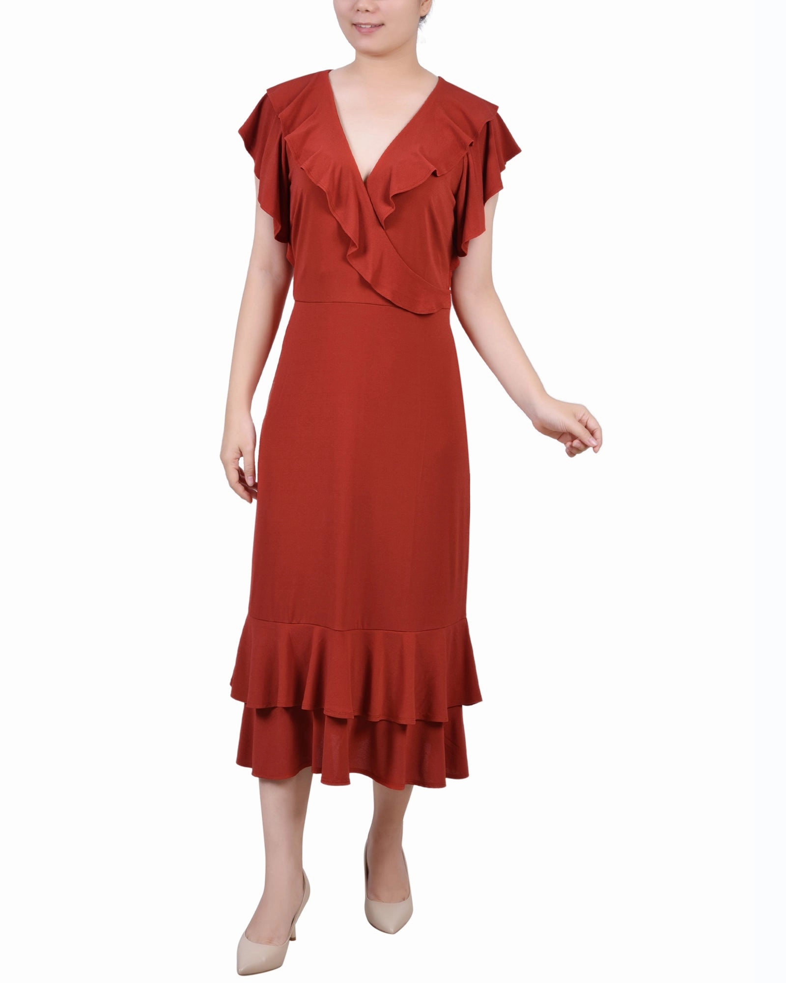 Petite Short flutter Sleeve Ruffle Neck Dress Beach Moment