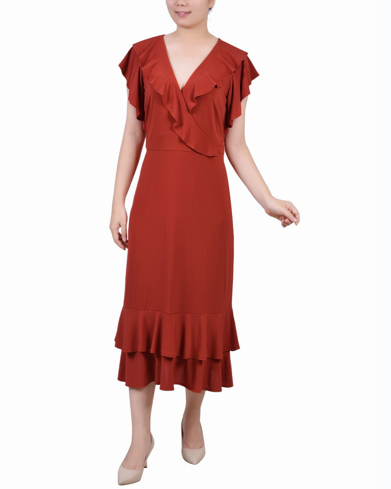 Limited-Edition Petite Short flutter Sleeve Ruffle Neck Dress