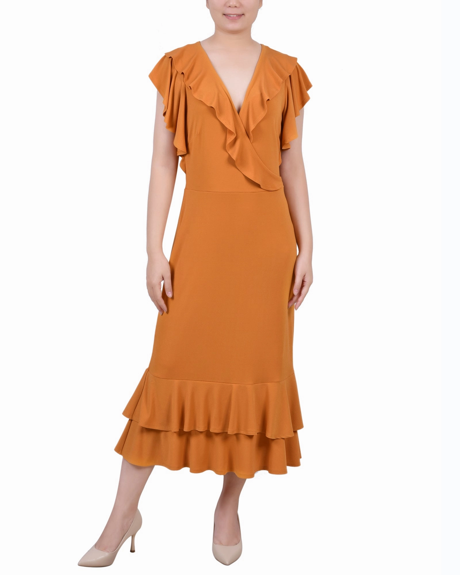 Autumn Ready Petite Short flutter Sleeve Ruffle Neck Dress