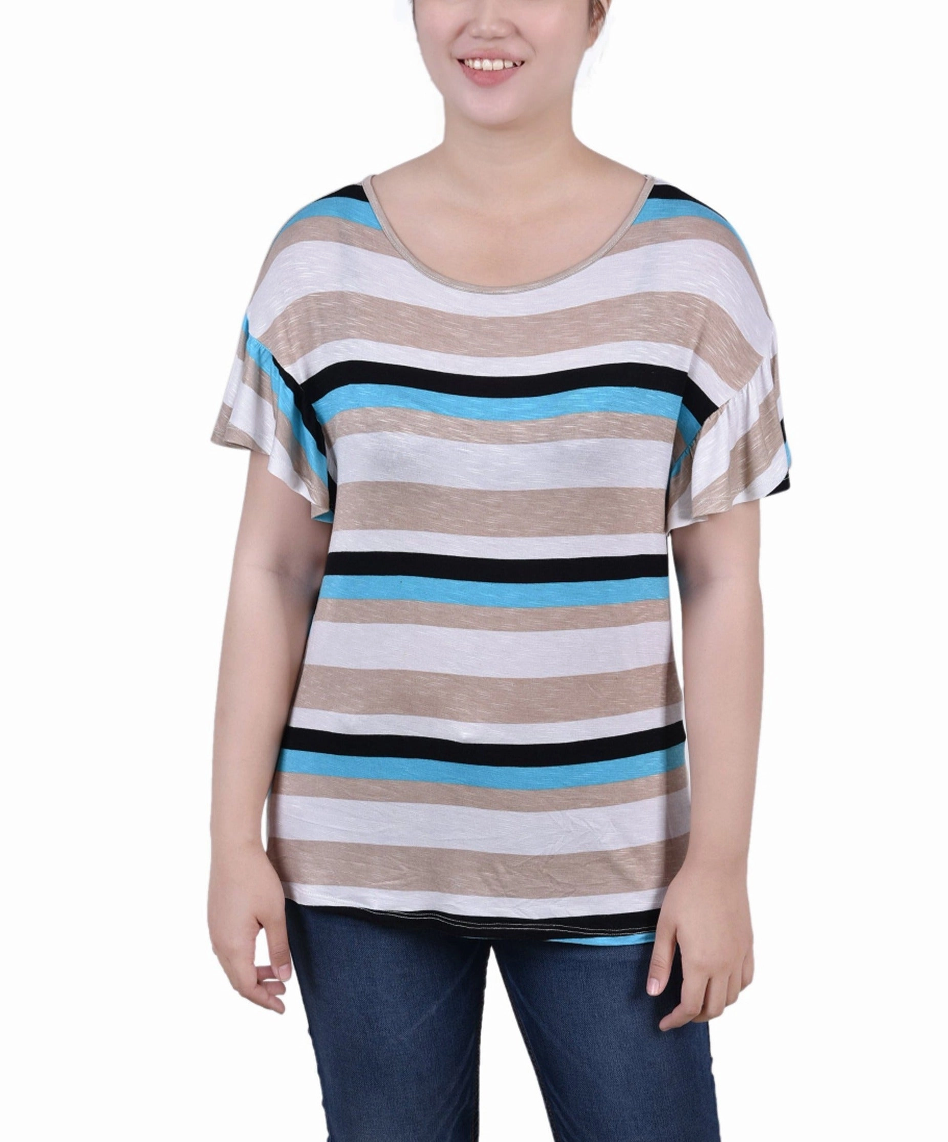 Petite Short Flutter Sleeve Top Fade Resistant Treatment Reflective Accent Stripes