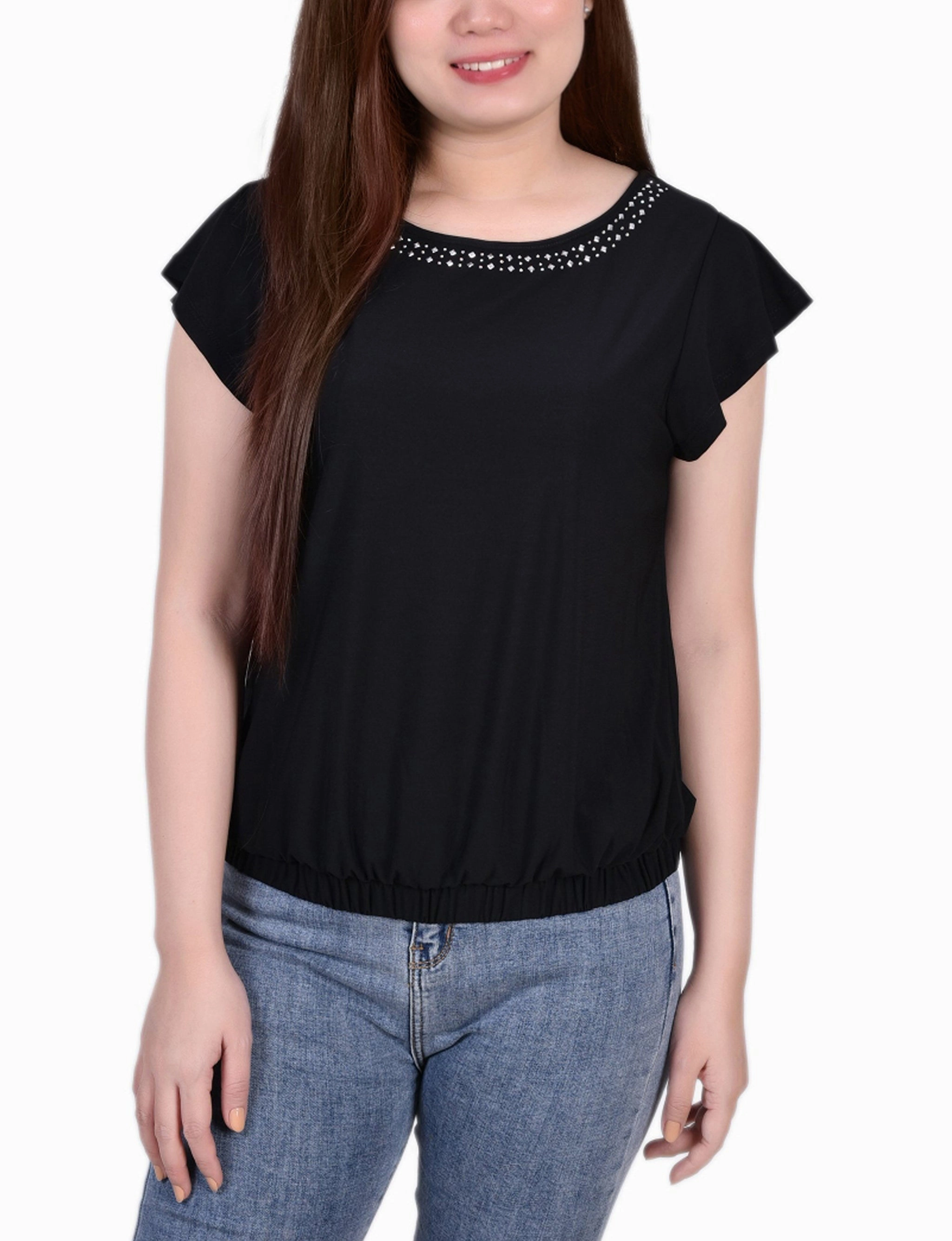 AntiPilling QuickDry Texture Petite Short Flutter Sleeve Top With Studded Neckline