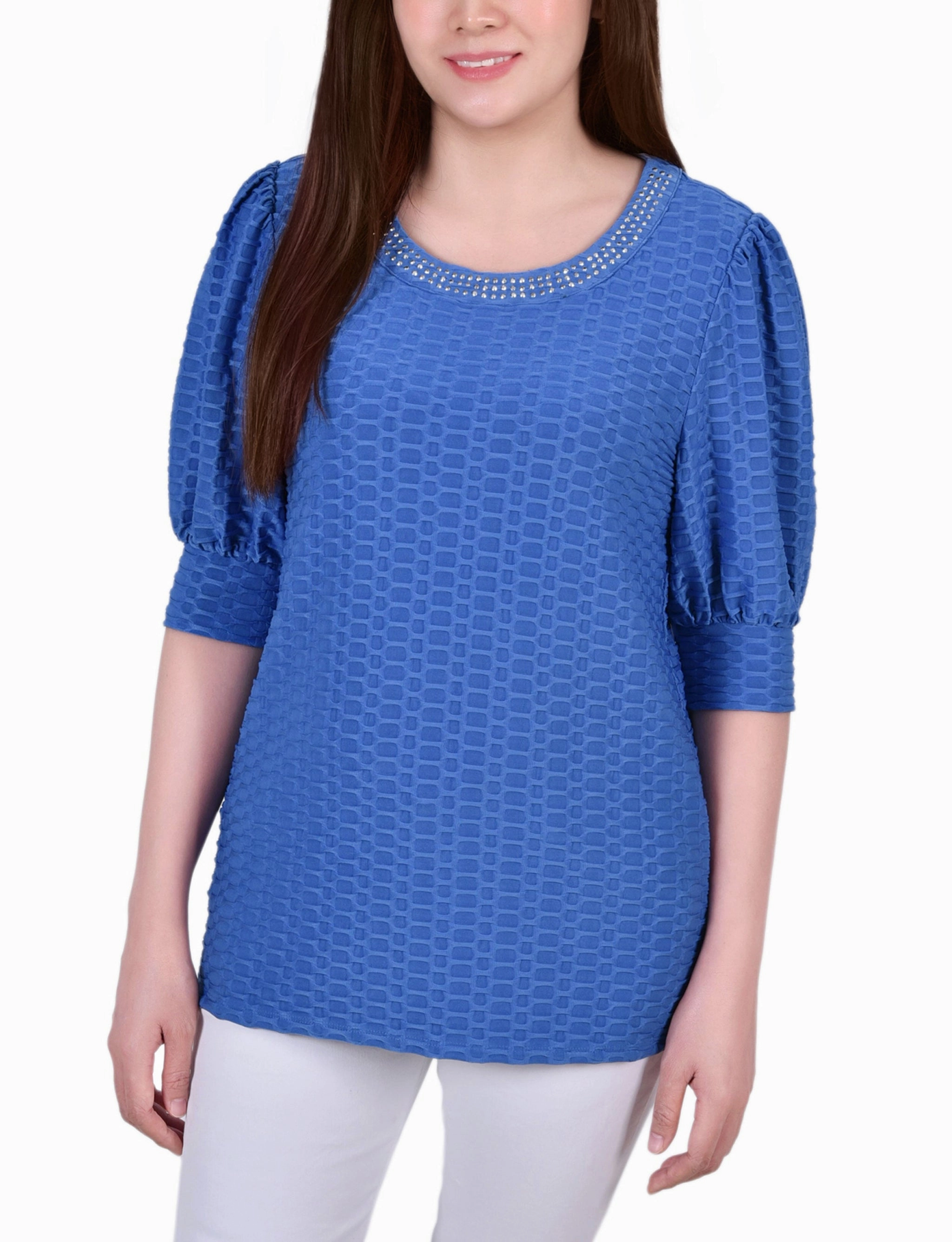 Office Attire StainRepellentCoating Petite Short Puff Sleeve Honeycomb Top