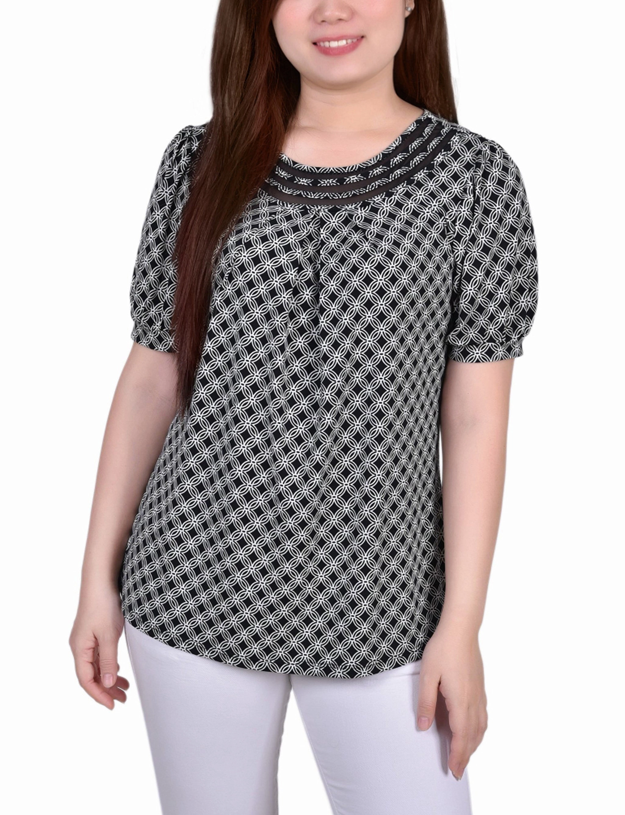 Tension Balanced Design Petite Short Puff Sleeve Mesh Inset Top