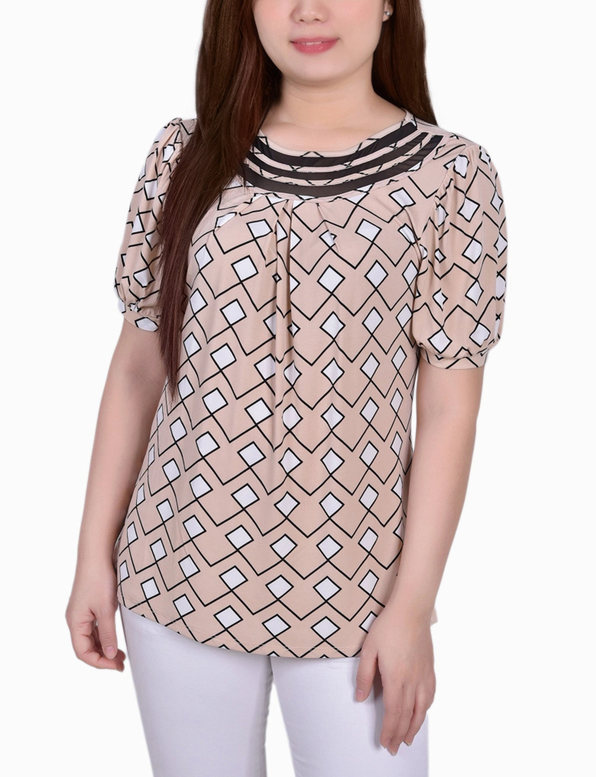 Petite Short Puff Sleeve Mesh Inset Top Temperature Control Technology
