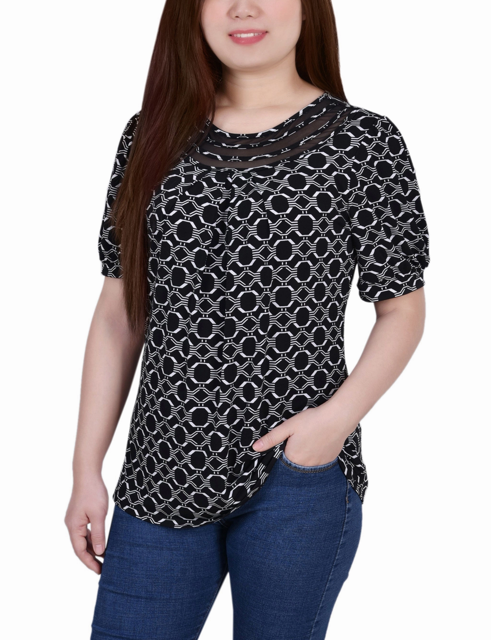 Stretch Woven Material LayeringFriendly Weight Petite Short Puff Sleeve Sheer Inset Top