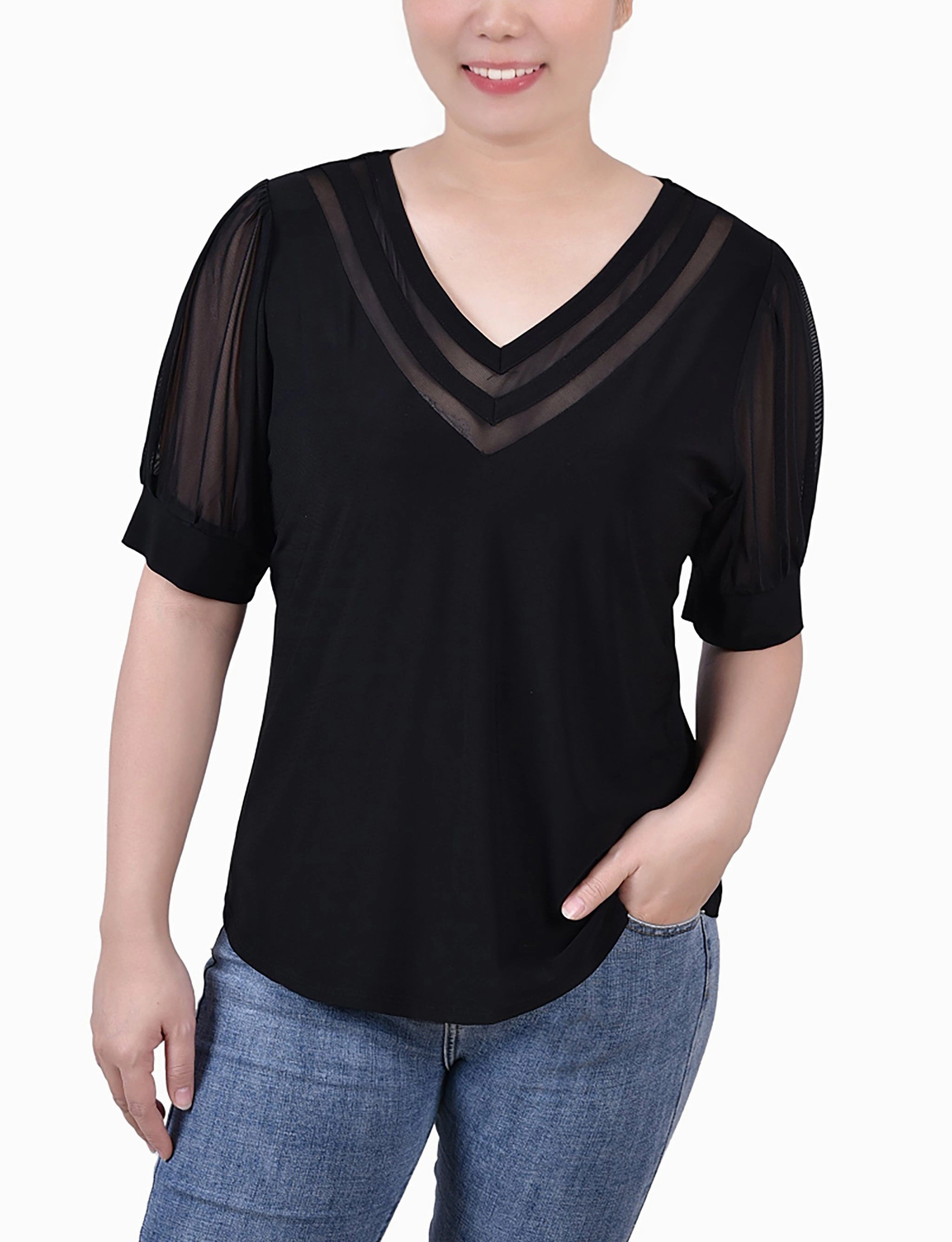 All Day Comfort Soft touch finish Petite Short Puff Sleeve V Neck Top