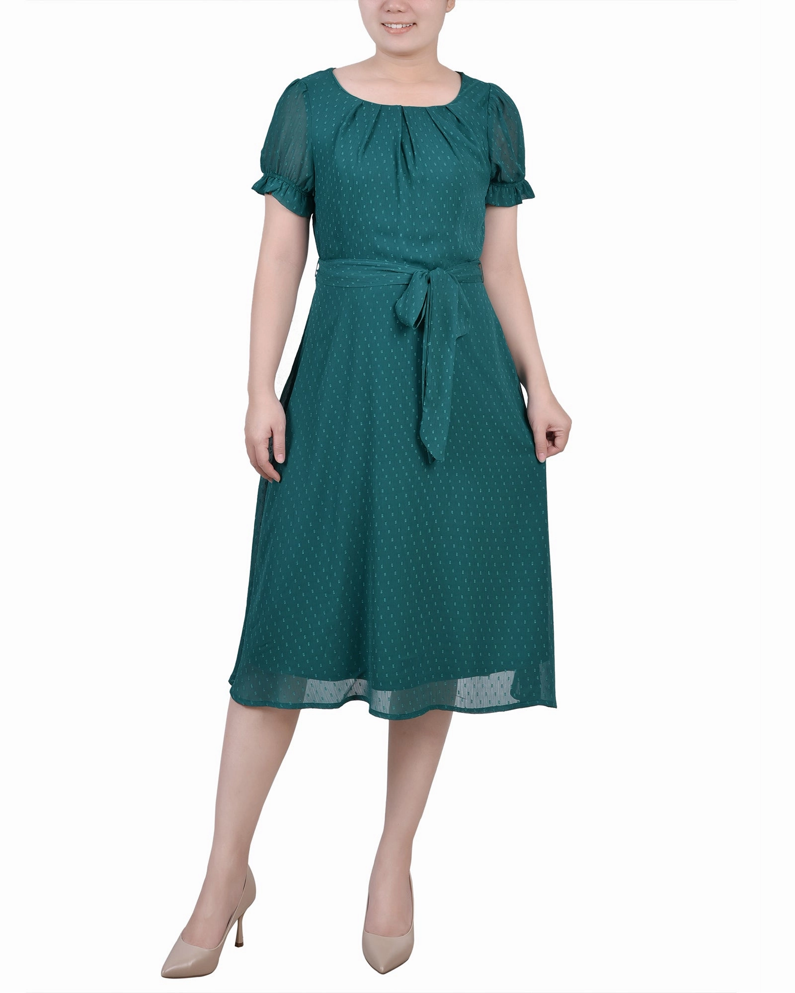 Petite Short Sleeve Belted Swiss Dot Dress Comfort Layer Wear